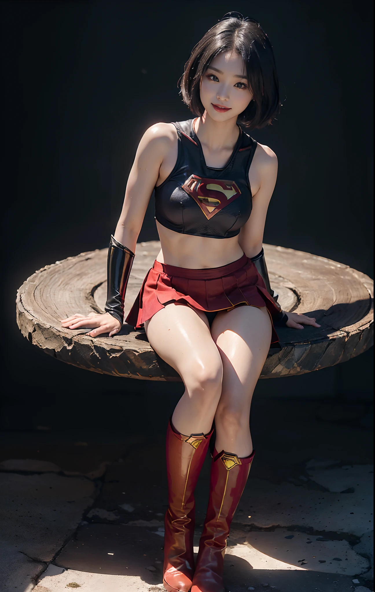 Asian Beautiful Girl、(((Wear black tights on your beautiful legs.)))、(((beauty legs)))、(((facial expression of smile)))、((((Make the most of the original image)))、(((Supergirl Costume)))、(((a short bob、beautiful hairl)))、(((Suffering)))、(((Feet must necessarily be worn with black tights)))、(((You need to wear red boots)))、((Top image quality、8K))、((top-quality、8K、​masterpiece:1.3))、(((Keep your background simple)))、Crisp focus:1.2、Beautiful woman with perfect body shape:1.4、Slender Abs:1.2、a wet body:1.5、Highly detailed facial and skin texture、8K、beauty legs