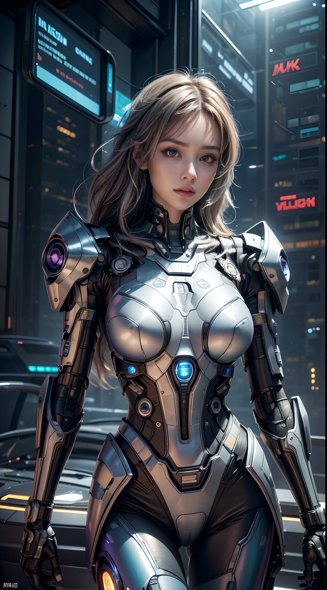 (best quality,4k,8k,highres,masterpiece:1.2),ultra-detailed,(realistic,photorealistic,photo-realistic:1.37),sci-fi,mechanical,cyberpunk,girl with cybernetic enhancements,beautiful detailed eyes,beautiful detailed lips,extremely detailed face,long eyelashes,silver metallic skin,glowing neon lines,reflective surfaces,futuristic cityscape in the background,flying cars,hovering buildings,advanced technology,high-tech gadgets,colorful holographic projections,vivid colors,blue and purple color scheme,dramatic lighting,emitting vibrant glows from her enhancements.