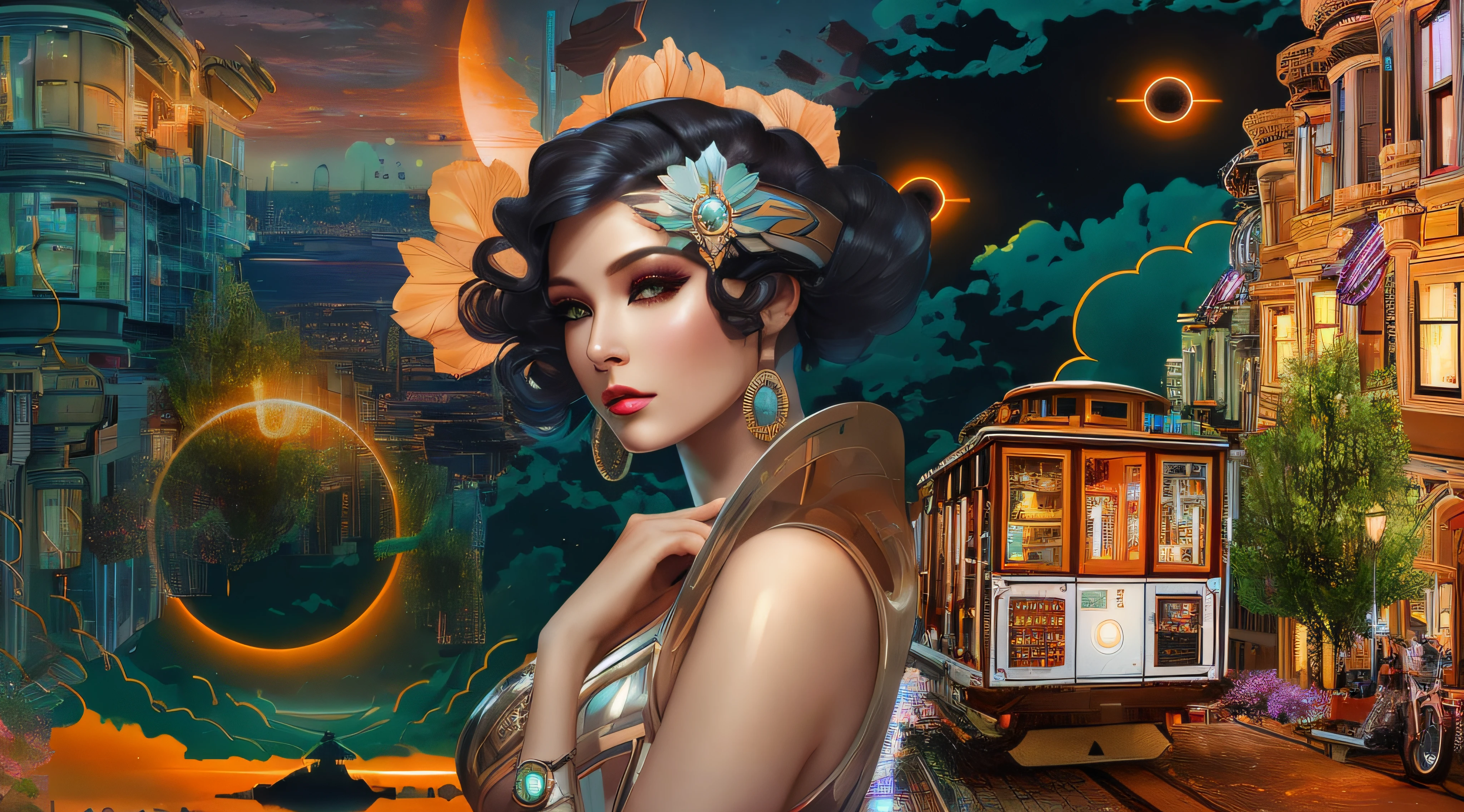 futuristic woman in a city with a spaceship hovering overhead, retrofuturistic female android, portrait of a humanoid alien, fashionable futuristic woman, alien woman, sci-fi digital art illustration, science fiction digital art, in a futuristic city, portrait beautiful sci - fi girl, futuristic woman portrait, portrait of a sci - fi woman, human futuristic city, female alien