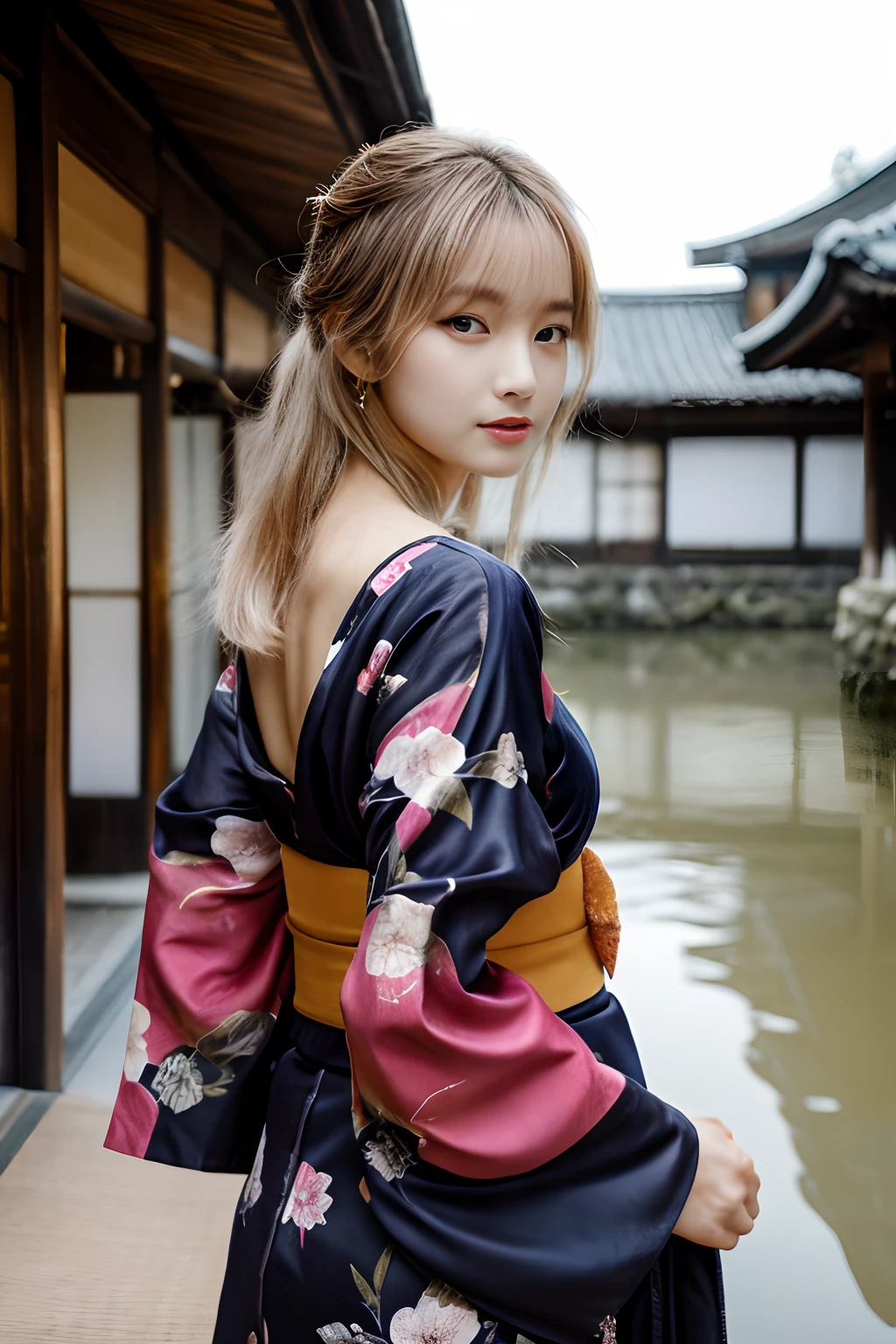 masterpiece、4K、top-quality、beautiful Korean women、detail portrayal、1 girl in、elegent、28 year old、(Kimono:1.1)、kyoto、cowboy shot、turned around