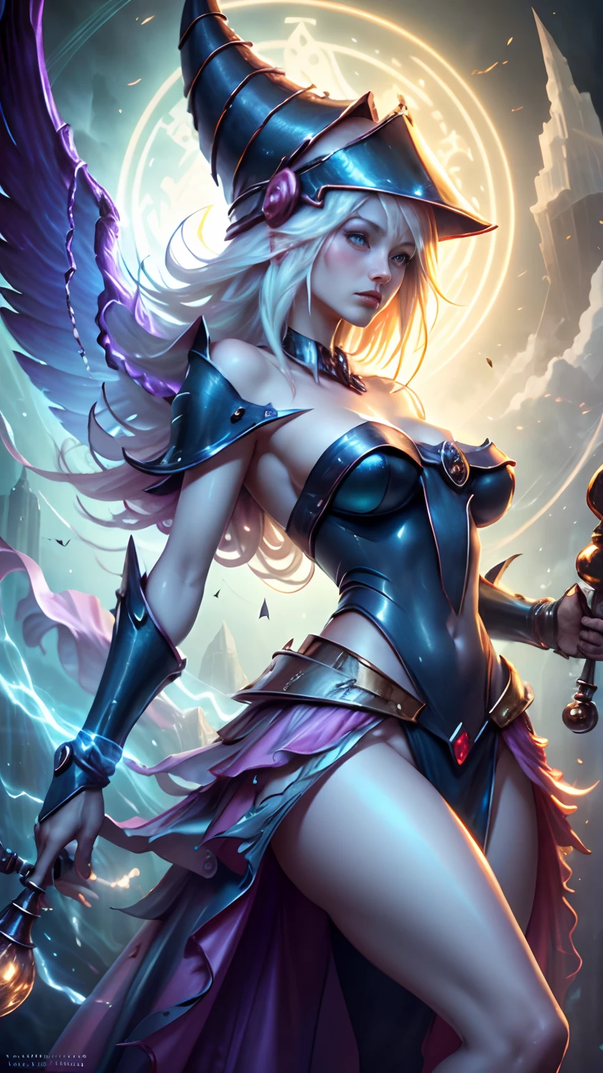 Kinematic,The photorealistic dark wizard gils as an albino angel,colores vibrantes,fantasy,warm hue,surrealista,Photorealistic masterpiece with 8k resolution by Aaron Horkey and Jeremy Mann,Professional Photography,Volumetric Lighting Maximalist Photoillustration by Marton Bobzert,Intricately detailed 8K resolution concept art,complejo,elegante,expansivo,fantastical,Mythical Clouds