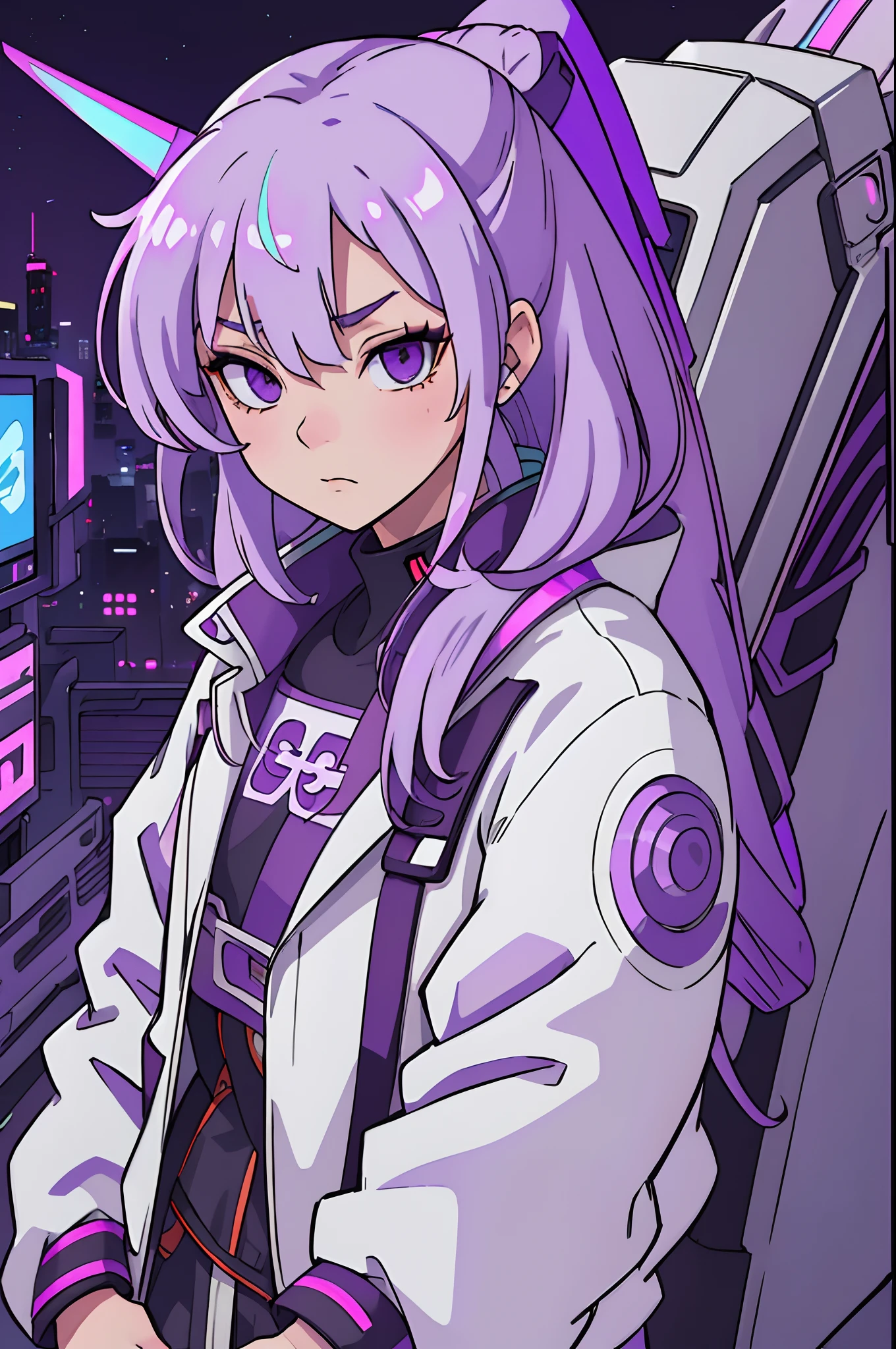 1girl,solo,mecha girl ,Albino, cute, purple hair, blonde hair, beautiful, long hair, purple eyes, wearing a jacket, samurai style, robotic mask,dragon horn,cyberpunk jacket, hair with a ribbon,night light ,neon light((8k, UHD, ultra realistic))