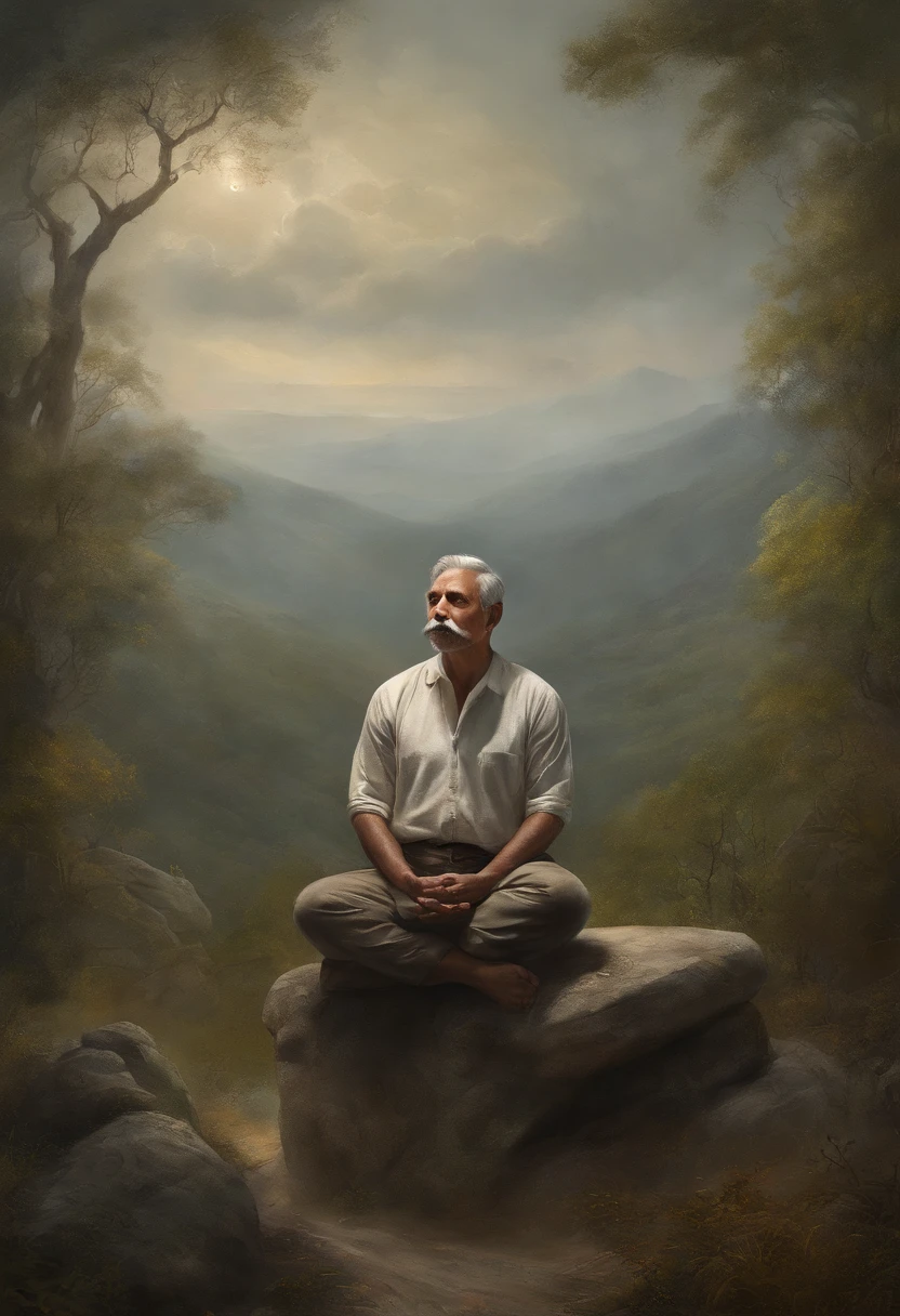 homem maduro, sitting in a meditation position, diante de um orisonte lindo, com o sol se pondo, in connection with the divine, Foto retrato, Directed by: Drew Tucker, Directed by: Adam Marczyński, Directed by: Alexandre Kucharsky, Directed by: Gavin Nolan, Surrealismo 8K, Directed by: Jason Felix, Yuri Shwedoff e Tom Bagshaw, arte ilustrativa, Estilo Erik Johansson