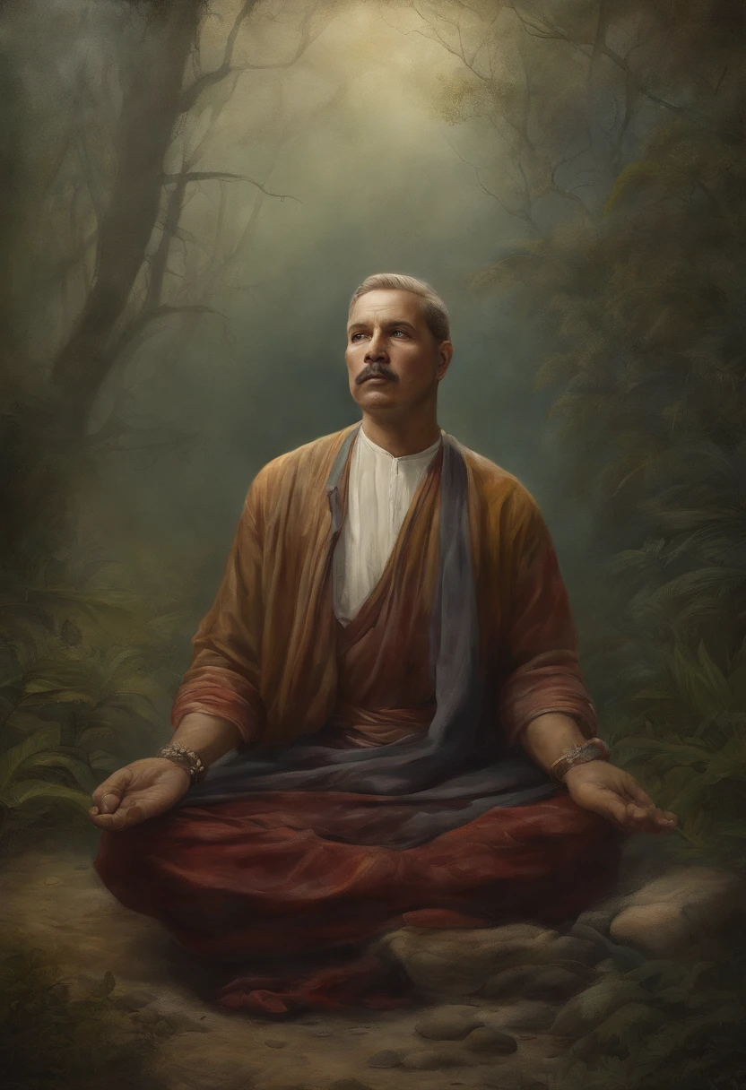 homem maduro, sitting in a meditation position, diante de um orisonte lindo, com o sol se pondo, in connection with the divine, Foto retrato, Directed by: Drew Tucker, Directed by: Adam Marczyński, Directed by: Alexandre Kucharsky, Directed by: Gavin Nolan, Surrealismo 8K, Directed by: Jason Felix, Yuri Shwedoff e Tom Bagshaw, arte ilustrativa, Estilo Erik Johansson