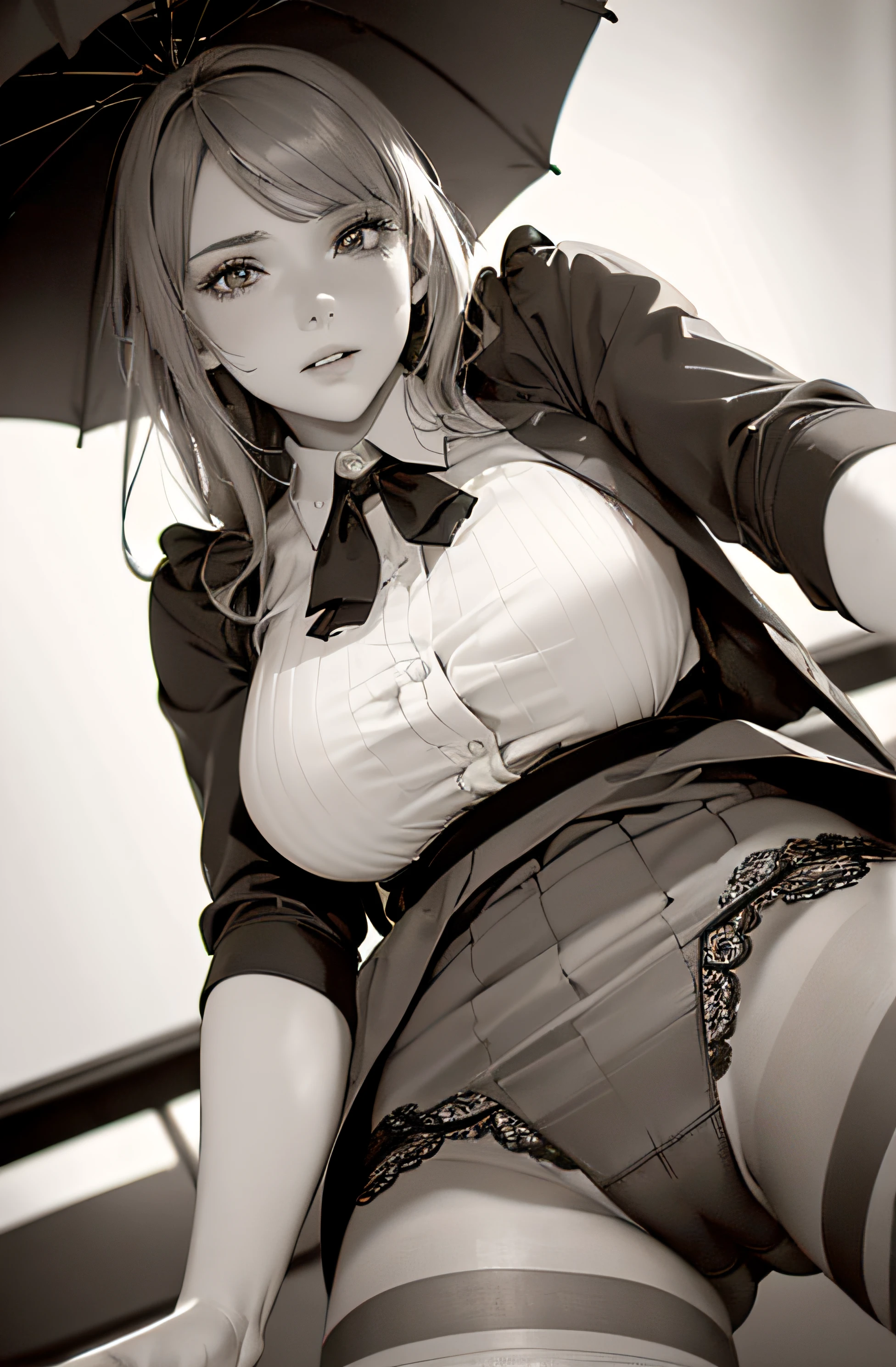 (((Shooting from a low angle below))), a girl in blouse and pleated skirt, showing her underwear, long stockings or pantyhose, (upskirt), camel toe, sexy underwear, medium breasts, spread legs, (very detailed), ((perfectly detailed face)), (detailed face), (detailed hand), (detailed hand), photorealistic image.