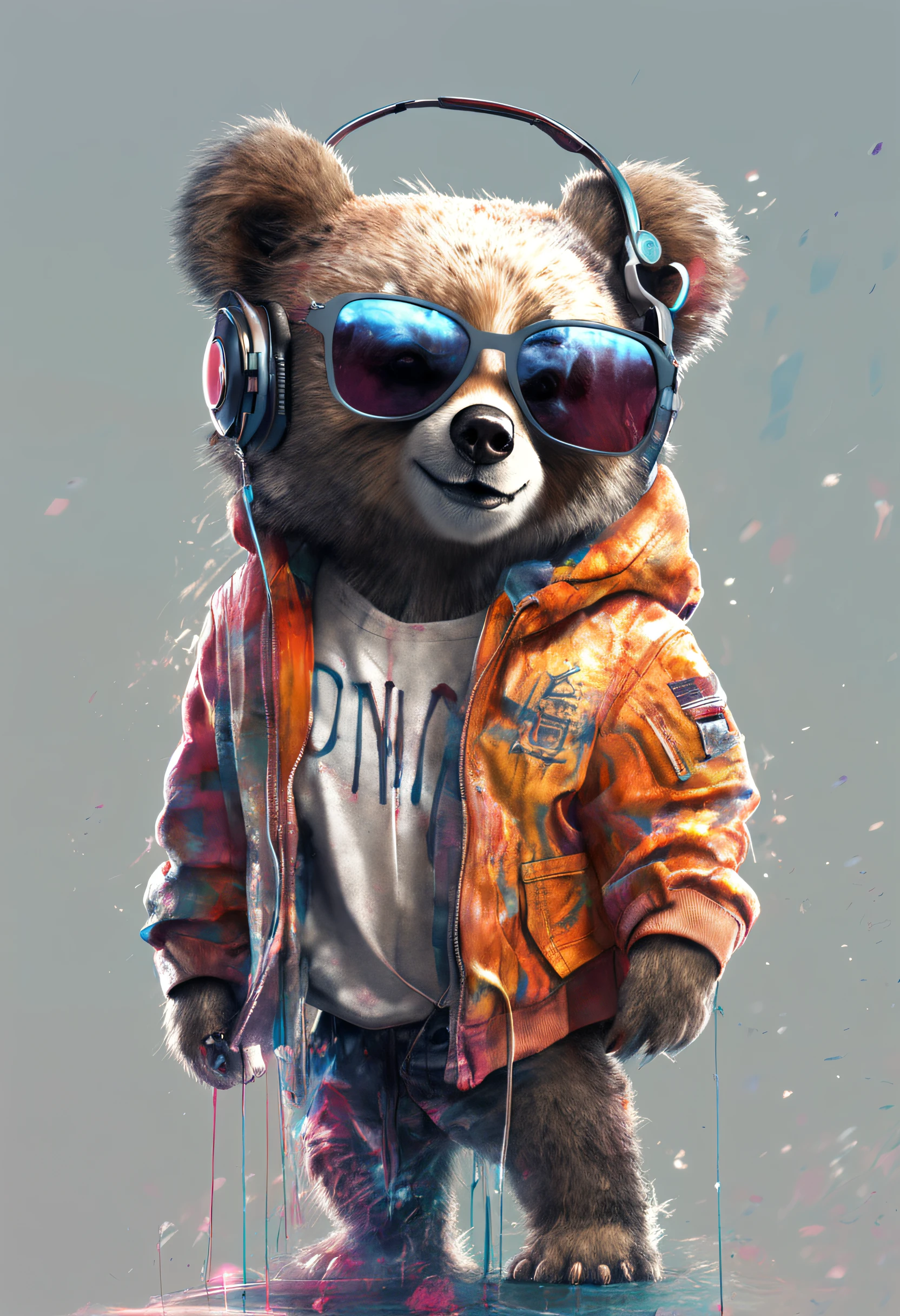 Perfect centering, A cute little bear, Wear a student team jacket, Wearing sunglasses, Wearing headphones, cheerfulness, Standing position, Abstract beauty, Centered, Looking at the camera, Facing the camera, nearing perfection, Dynamic, Highly detailed,  smooth, Sharp focus, 8K, high definition resolution, illustration, Art by Carne Griffiths and Wadim Kashin, White background