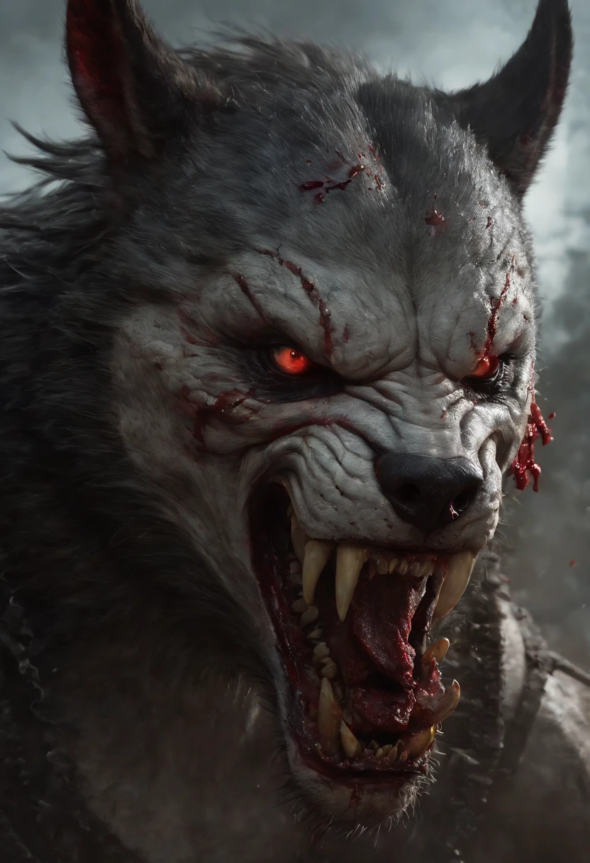 A painting of a really mest up wolf with a bloodied face and a bloodied head and horns with blue runes, carnage, Sci - Horror Art of Fiction, Science fiction horror artwork, inspired by Aleksi Briclot, Crocs de carnage, Horror fantasy art, par Aleksi Briclot, Horror concept art, venin, Art fantastique et horreur, Detailed illustration of 4K horror, Demonic creature, Dark Fantasy Horror Art