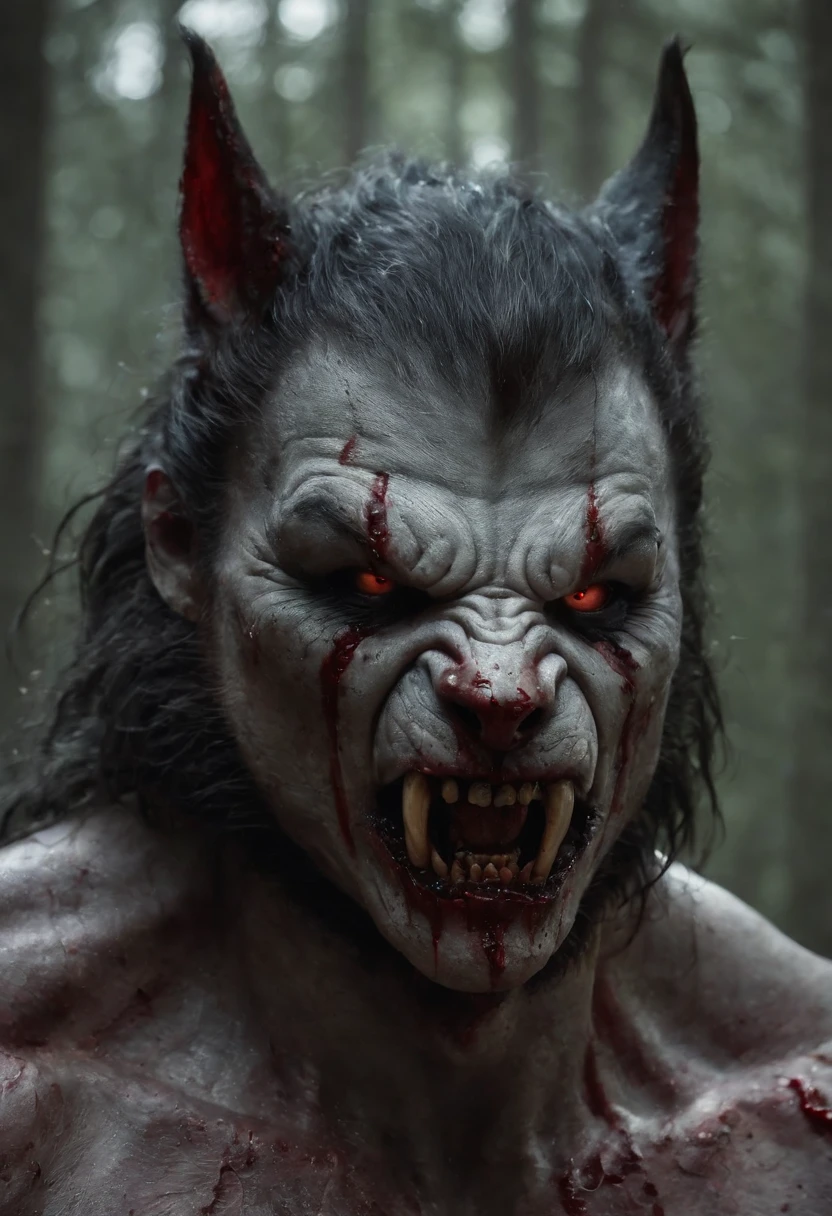 Uma pintura de um lobo realmente mest, with a bloodied face and a bloody head, carnificina, Sci - Horror Art of Fiction, Science fiction horror art, inspirado em Aleksi Briclot, Presas da carnificina, arte de fantasia de terror, Directed by: Aleksi Briclot, arte conceitual de terror, veneno, Arte de fantasia e terror, Detailed illustration of 4K horror, demonic creature, arte de terror de fantasia sombria