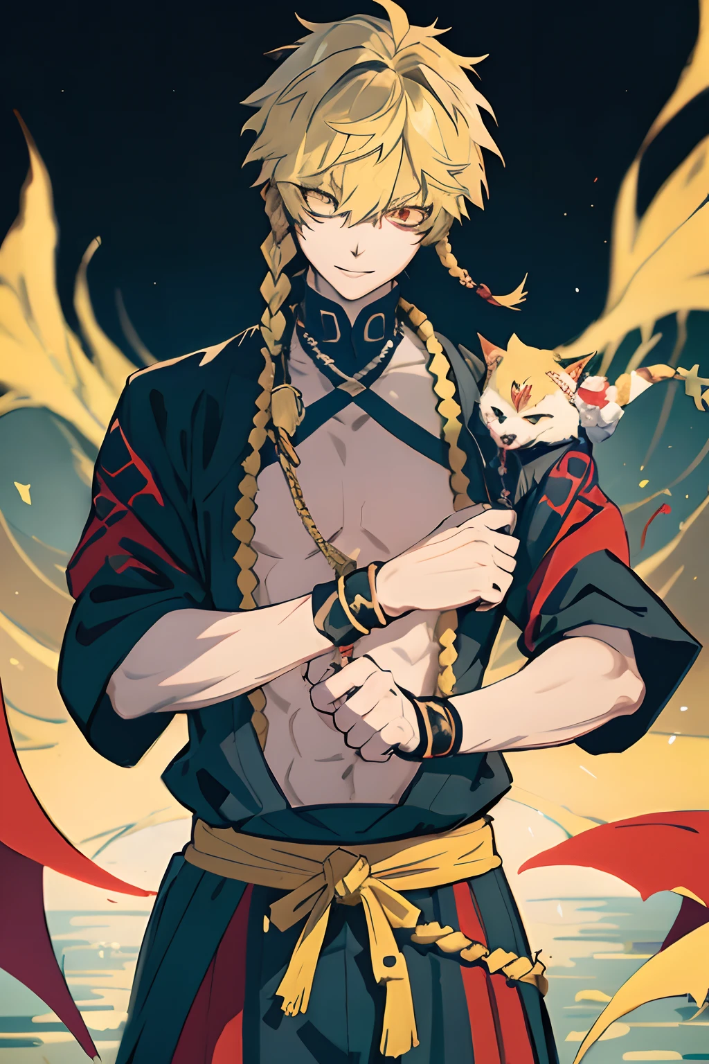 master part, best quality, alta qualidade, 1st grade, sozinho, Foco masculino, Olhando para o Viewer, parte superior do corpo, Choubei_Aza, blonde hair, cabelo espetado, Long braid, jewelries, Realistic, Capuz, colar com shuriken, katana amarradas nas costas, olhos azuis, Spectral fox floating overhead.