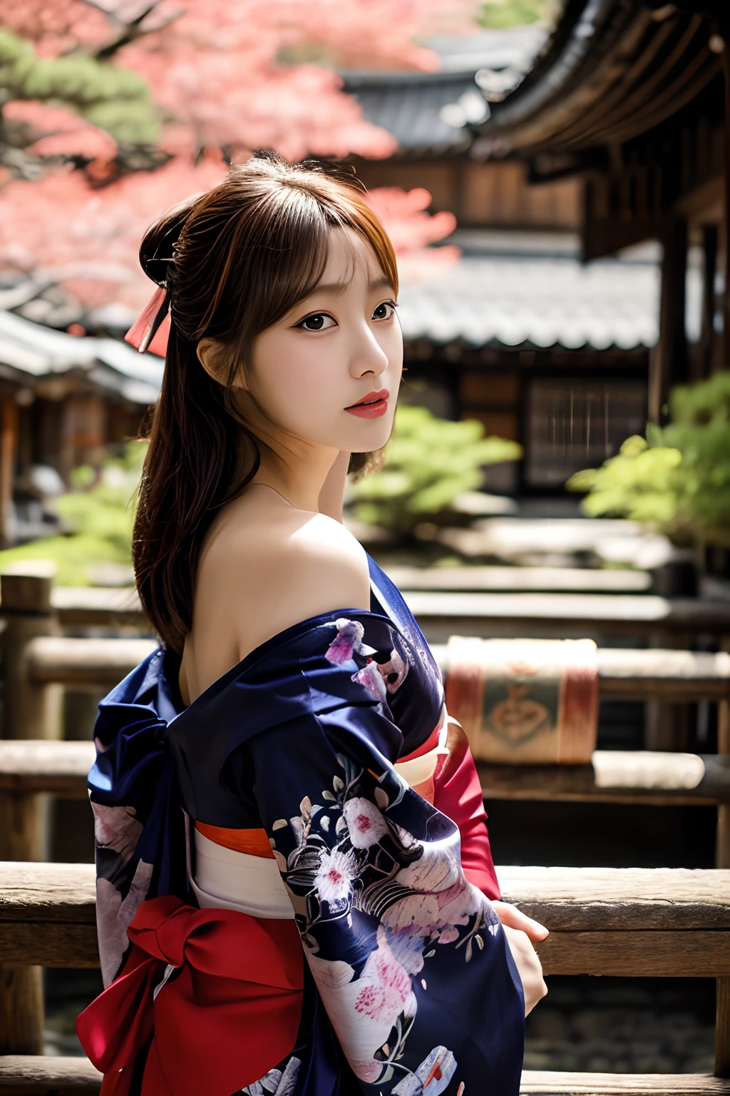 ​masterpiece、4K、top-quality、beautiful Korean women、detail portrayal、1 girl in、elegent、28 year old、(Kimono:1.1)、kyoto、cowboy  shot、turned around