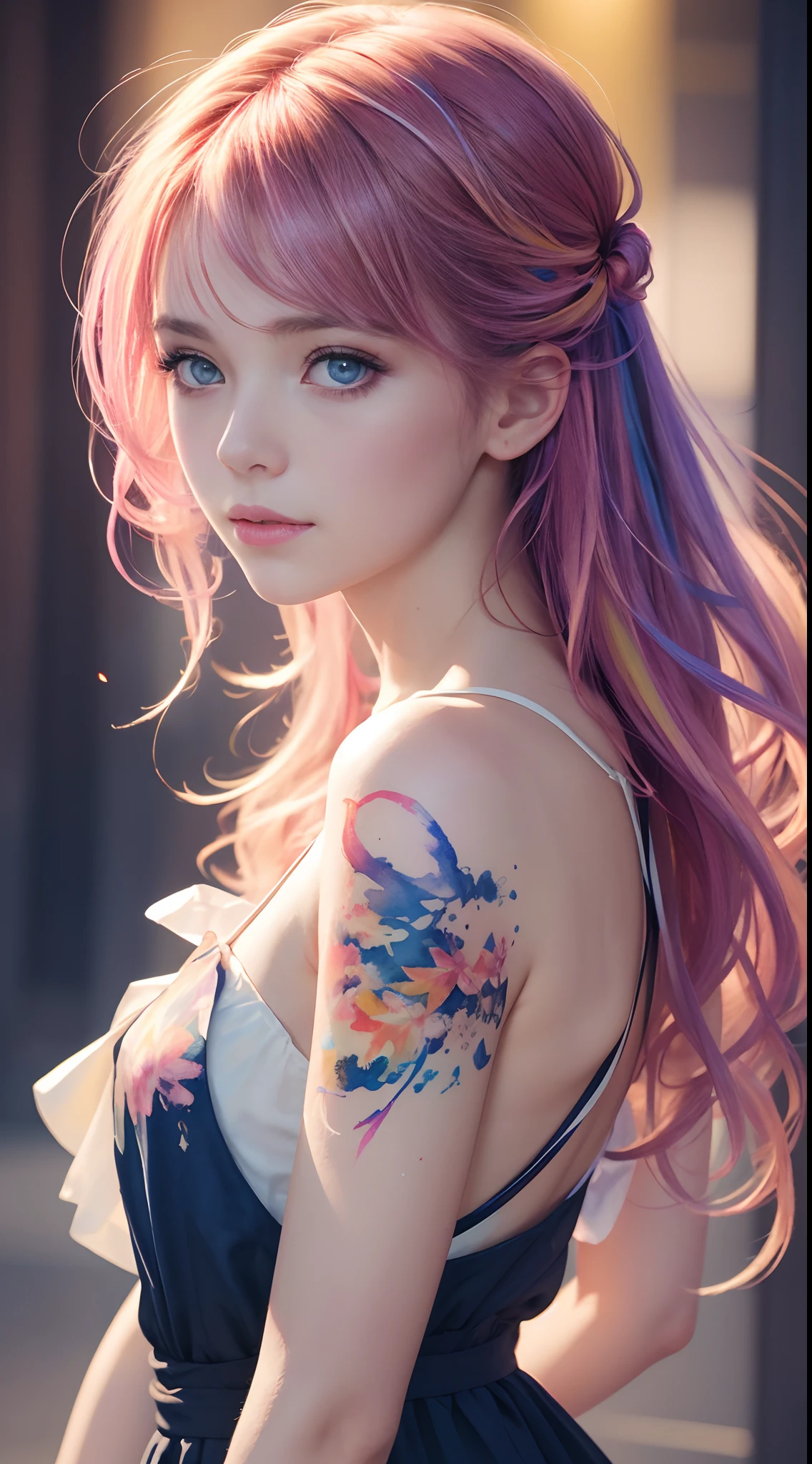 (8k, best quality, master piece:1.2),(best quality:1.0), (Ultra Highres:1.0), Watercolor, a beautiful woman, shoulder, hair ribbons, Director: Agnes Cecile, half-length portrait, bright design extremely bright, pastel colors, (ink:1.3), Autumn lights,