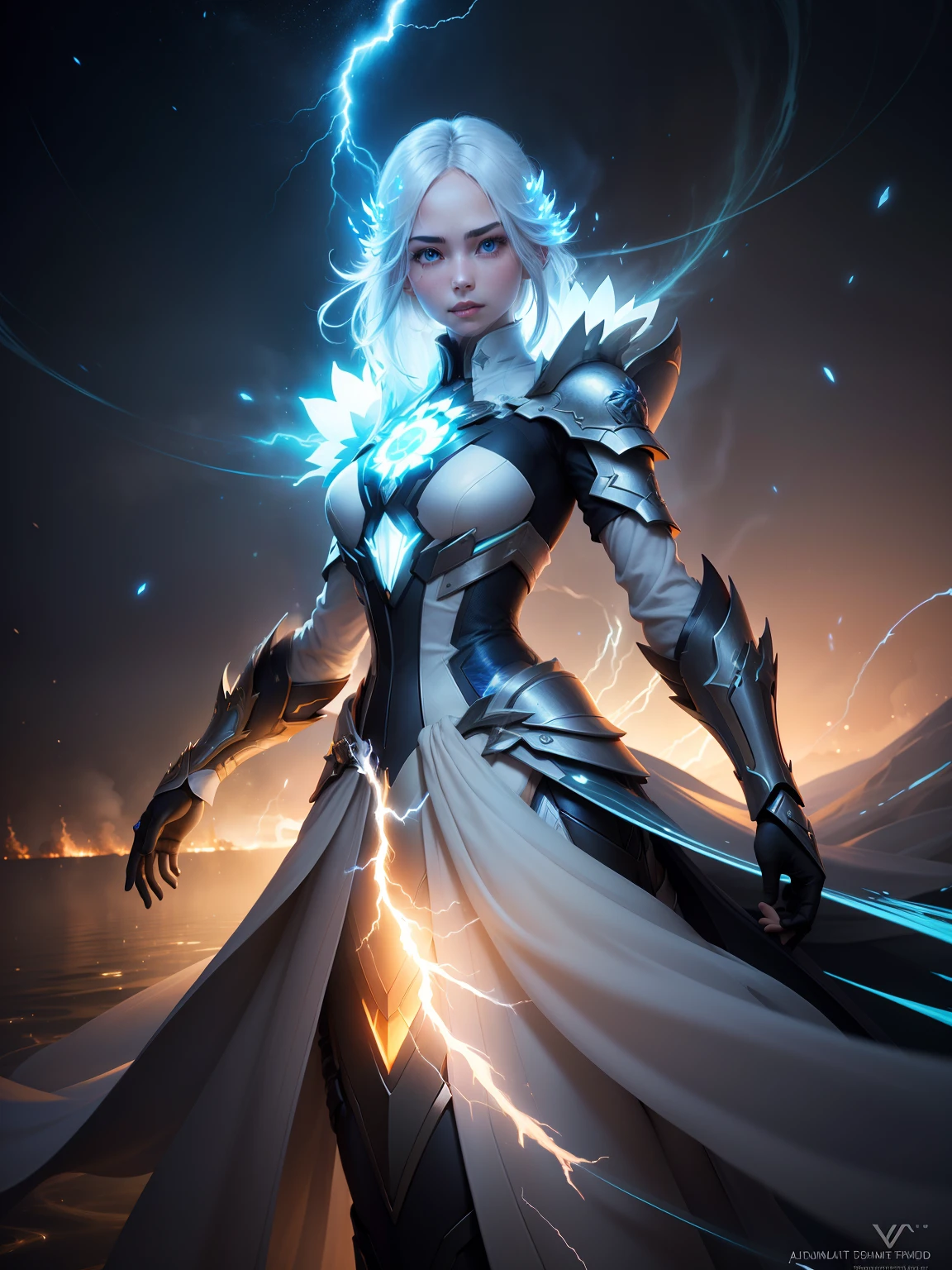 The Great Lotus in the Light of Tyndall {blue white colors}Fire,Lightning arc,Light effects,CG,Blizzard style art trends,Diffuse luminous fog Glow-in-the-dark particles,Brilliant volumetric light - AR 3:4 --s 750 --v 5.2