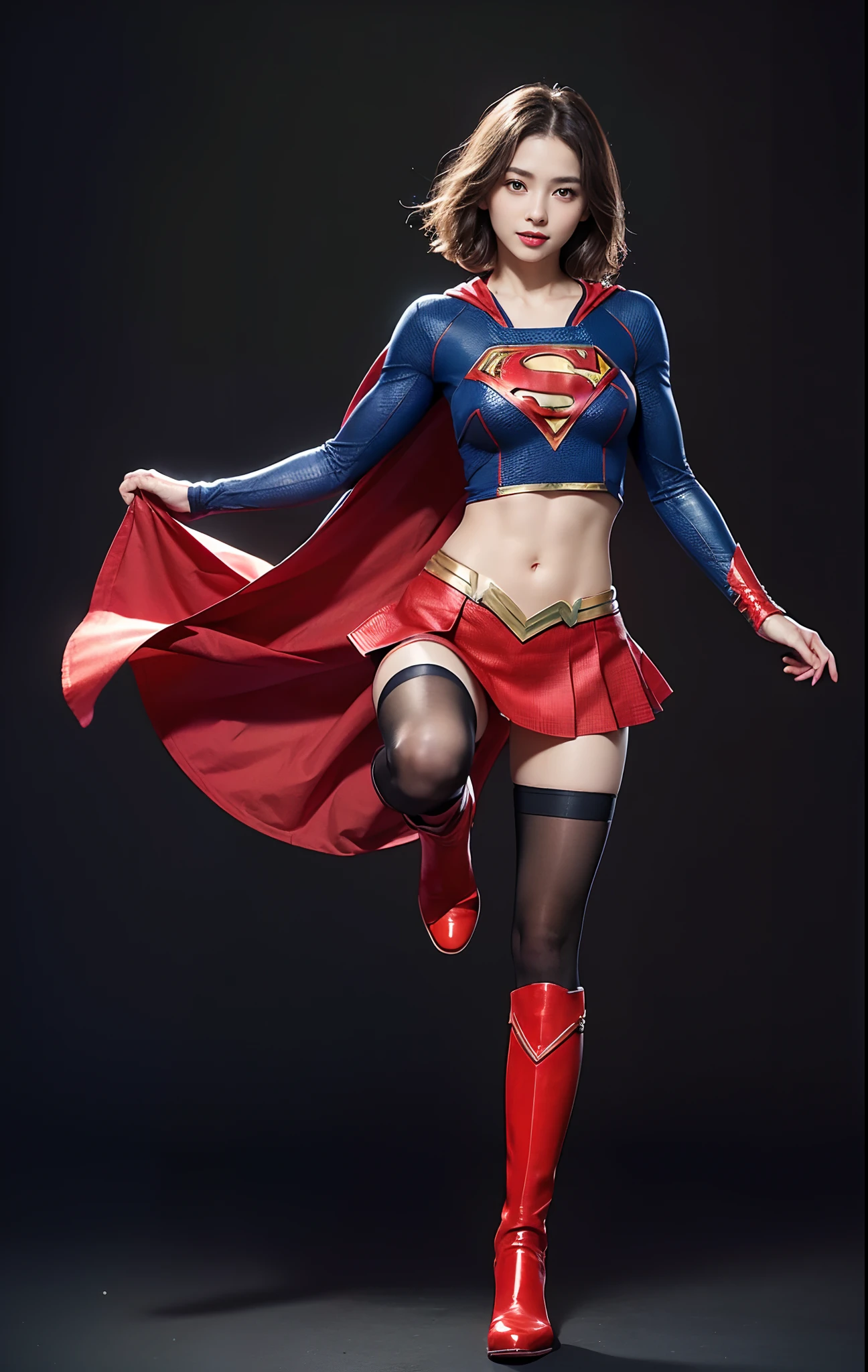 Asian Beautiful Girl、(((Wear black tights on your beautiful legs.)))、(((beauty legs)))、(((facial expression of smile)))、((((Make the most of the original image)))、(((Supergirl Costume)))、(((a short bob、beautiful hairl)))、(((Suffering)))、(((Feet must necessarily be worn with black tights)))、(((You need to wear red boots)))、((Top image quality、8K))、((top-quality、8K、​masterpiece:1.3))、(((Keep your background simple)))、Crisp focus:1.2、Beautiful woman with perfect body shape:1.4、Slender Abs:1.2、a wet body:1.5、Highly detailed facial and skin texture、8K、beauty legs