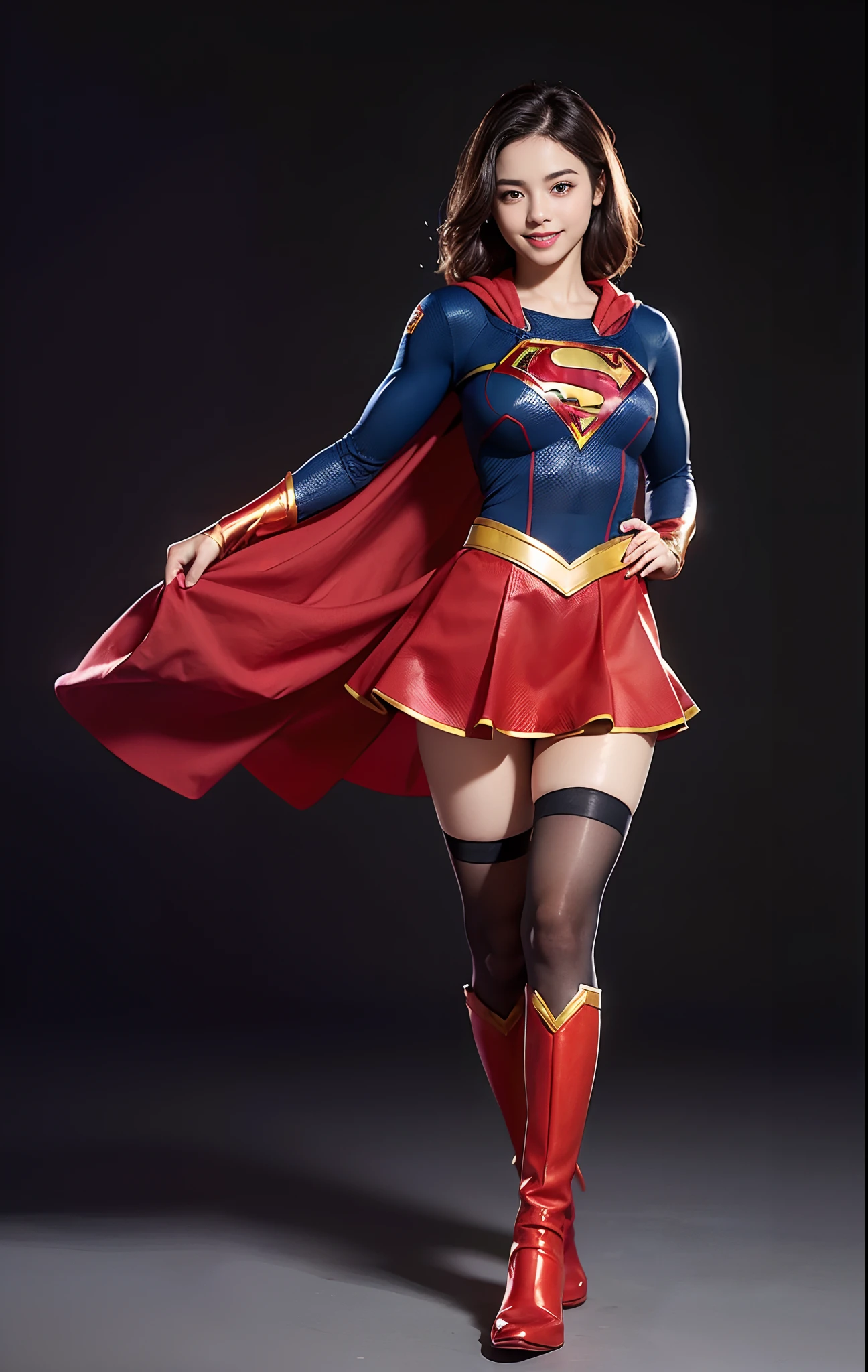 Asian Beautiful Girl、(((Wear black tights on your beautiful legs.)))、(((beauty legs)))、(((facial expression of smile)))、((((Make the most of the original image)))、(((Supergirl Costume)))、(((a short bob、beautiful hairl)))、(((Suffering)))、(((Feet must necessarily be worn with black tights)))、(((You need to wear red boots)))、((Top image quality、8K))、((top-quality、8K、masterpiece:1.3))、(((Keep your background simple)))、Crisp focus:1.2、Beautiful woman with perfect body shape:1.4、Slender Abs:1.2、a wet body:1.5、Highly detailed facial and skin texture、8K、beauty legs