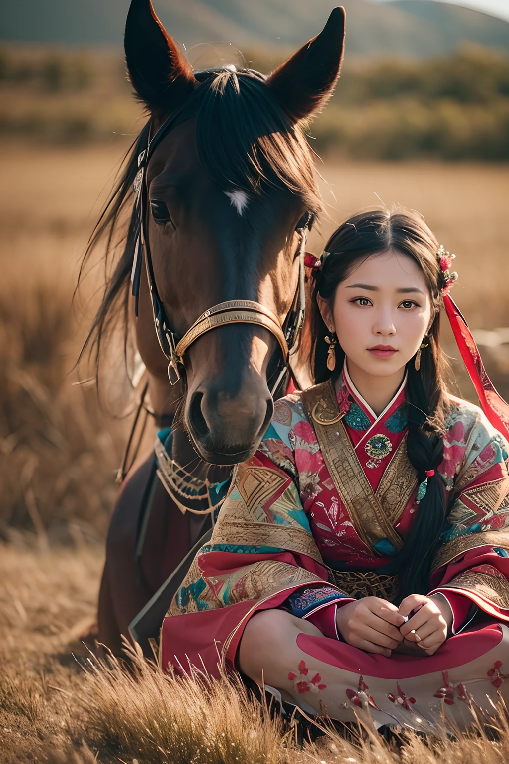Woman sitting on the ground with a horse in a field, Young woman as Genghis Khan, In the steppes, Kazakh Empress, colored photo, very very low quality picture, traditional, traditional dress, traditional dress, Young female shaman, A gorgeous Korean pole behind her, traditional dress, On a sunny day, still from a live action movie,Ultra8K