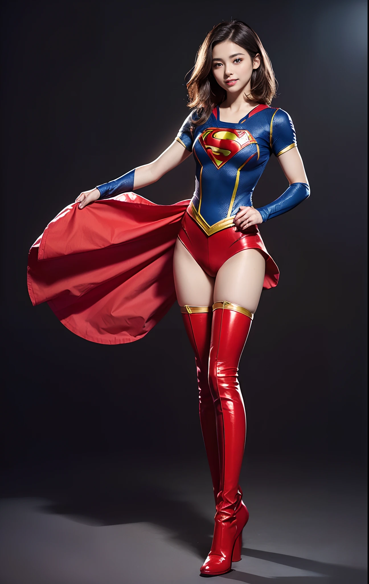 Asian Beautiful Girl、(((Wear black tights on your beautiful legs.)))、(((beauty legs)))、(((facial expression of smile)))、((((Make the most of the original image)))、(((Supergirl Costume)))、(((a short bob、beautiful hairl)))、(((Suffering)))、(((Feet must necessarily be worn with black tights)))、(((You need to wear red boots)))、((Top image quality、8K))、((top-quality、8K、masterpiece:1.3))、(((Keep your background simple)))、Crisp focus:1.2、Beautiful woman with perfect body shape:1.4、Slender Abs:1.2、a wet body:1.5、Highly detailed facial and skin texture、8K、beauty legs