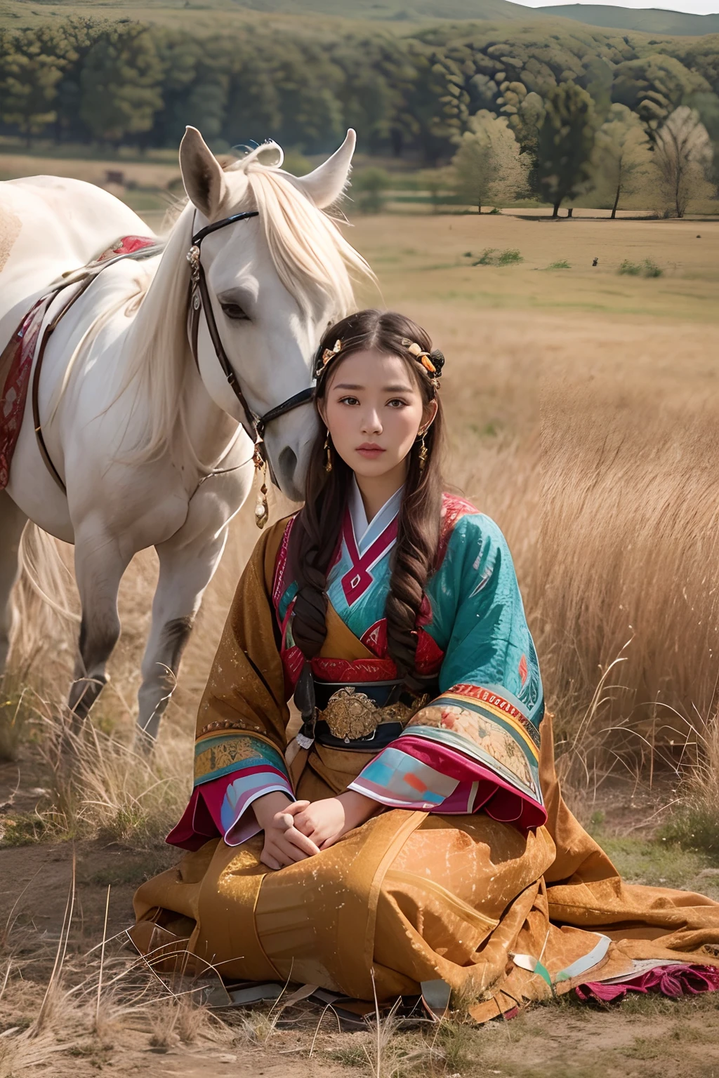 Woman sitting on the ground with a horse in a field, Young woman as Genghis Khan, In the steppes, Kazakh Empress, colored photo, very very low quality picture, traditional, traditional dress, traditional dress, Young female shaman, A gorgeous Korean pole behind her, traditional dress, On a sunny day, still from a live action movie,Ultra8K