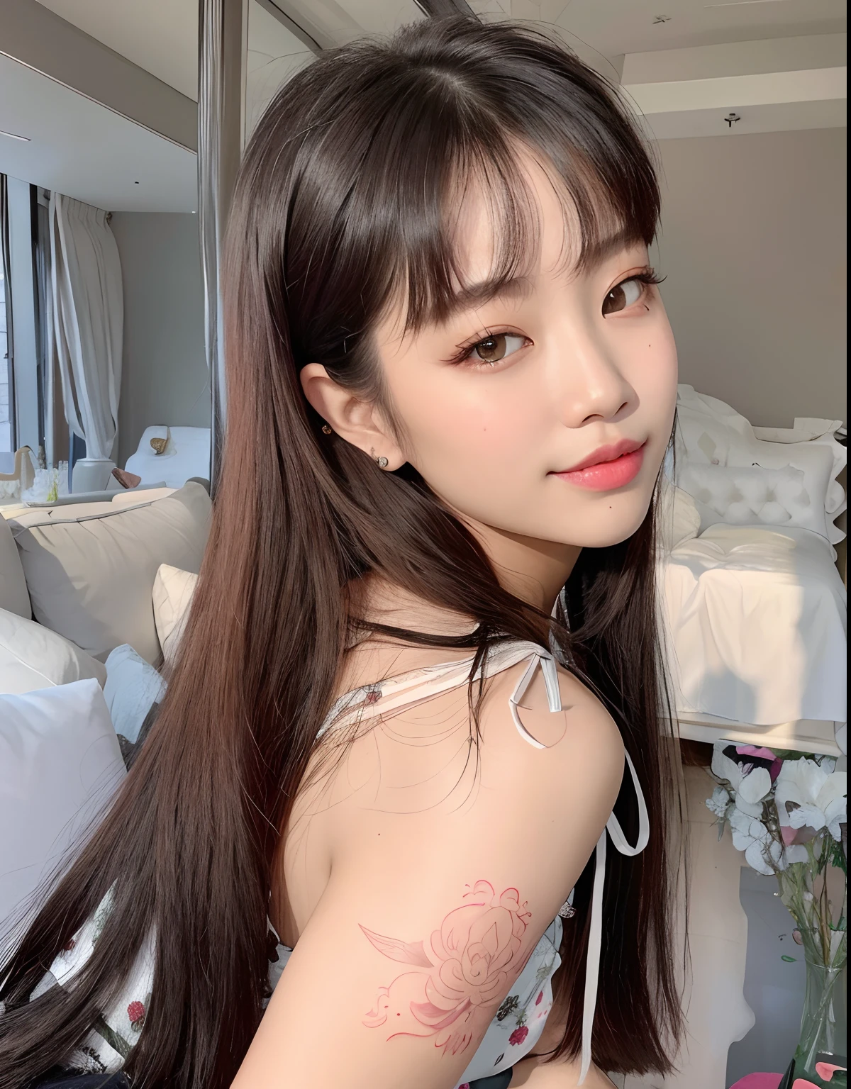 there is a woman with a tattoo on her arm posing for a picture, Lalisa Manobal, dilraba dilmurat, Ulzzang, Lalisa Manoban do Blackpink, Jaeyeon Nam, Jennie Blackpink, como franja, cabelo arrumado como franja, Franja reta longa, Casa Yunjoo, menina coreana, O corte Hime, Mulher sul-coreana bonita