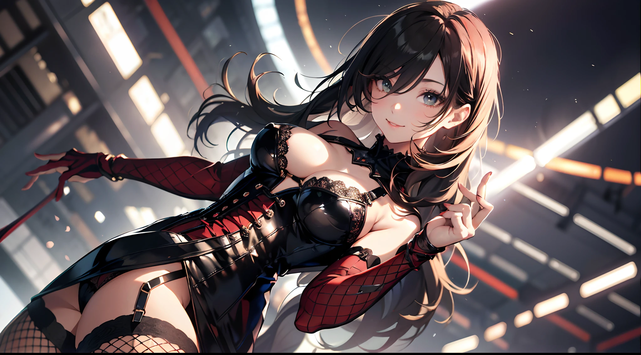 统一 8k 壁纸, a closeup,portrait of a full body,dynamicposes,Vibrant eyes,Particle filter with red and gold color scheme,de pele branca,photorealisim,nffsw, semi transparent((16k,Best Quality, masutepiece, Ultra high definition,top-quality,hight resolution,Ray tracing,PBR,Post-processing,ultra fine photos,sportrait,3D,),(( Dark red BDSM, Dark red bondage),Japan anime girls,Asuka Langure,Long straight red hair,Big breasts that emphasize cleavage:2.0,Thin leg,blue eyess,Elaborate limb representation,well-groomed little nose))((Limbs are2Honzutsu,Number of fingers5Accurately depicted in the book,Accurately capture your feet、Mirror your hands beautifully)Accurately and beautifully express your fingertips、Beautiful fingers of women5Books are also in order.))Express beautiful fingers,A beautiful woman with perfect body,Exquisitely expressed facial expressions,Beautiful fine skin))),(Complex fishnet stockings),pin heels,Leather luster :3.0,Beautiful skin,(Red corset),((tthin eyebrows,long eyelashes,smil,二重まぶた,)),No title required,Do not wear anything on your shoulders,Create beautiful light effects on the background,Light Particle Filter,(finerly detailed face:1.4),(masterpiece:1.4),(top-quality:1.4), Beautiful fine skin,(Complex fishnet stockings),pin heels,Leather luster 3.0,Beautiful skin,(The leather corsets),((tthin eyebrows,long eyelashes,smil,二重まぶた,Glossy lips)),No title required,Do not wear anything on your shoulders,(((Woman standing,Representing a woman from below with a low angle shot,)))