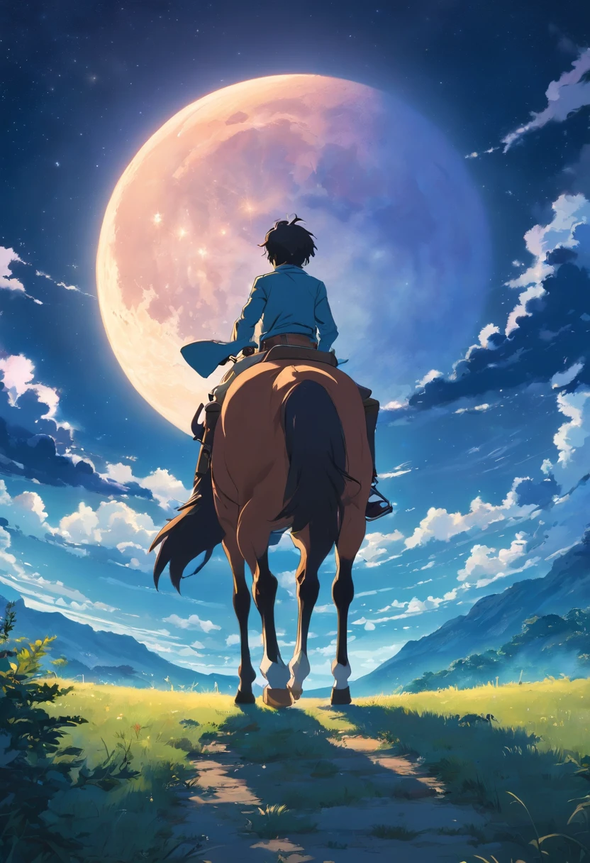 There is a man on a horse in front of a full moon, Andar a cavalo na lua, Vaqueiro, Cowboy na Faixa, Foto traseira de um cowboy, No Velho Oeste, O Cowboy no Estranho Oeste, Velho Oeste, Lone guard, sonho de vaqueiro, quadrinhos ocidentais inspirados, lonely rider, Directed by: Cíntia Wright, space western, Fotografia Moonwalker