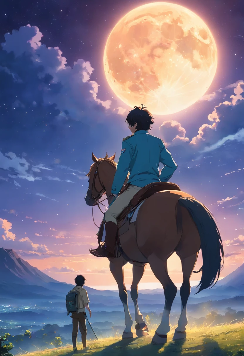 There is a man on a horse in front of a full moon, Andar a cavalo na lua, Vaqueiro, Cowboy na Faixa, Foto traseira de um cowboy, No Velho Oeste, O Cowboy no Estranho Oeste, Velho Oeste, Lone guard, sonho de vaqueiro, quadrinhos ocidentais inspirados, lonely rider, Directed by: Cíntia Wright, space western, Fotografia Moonwalker