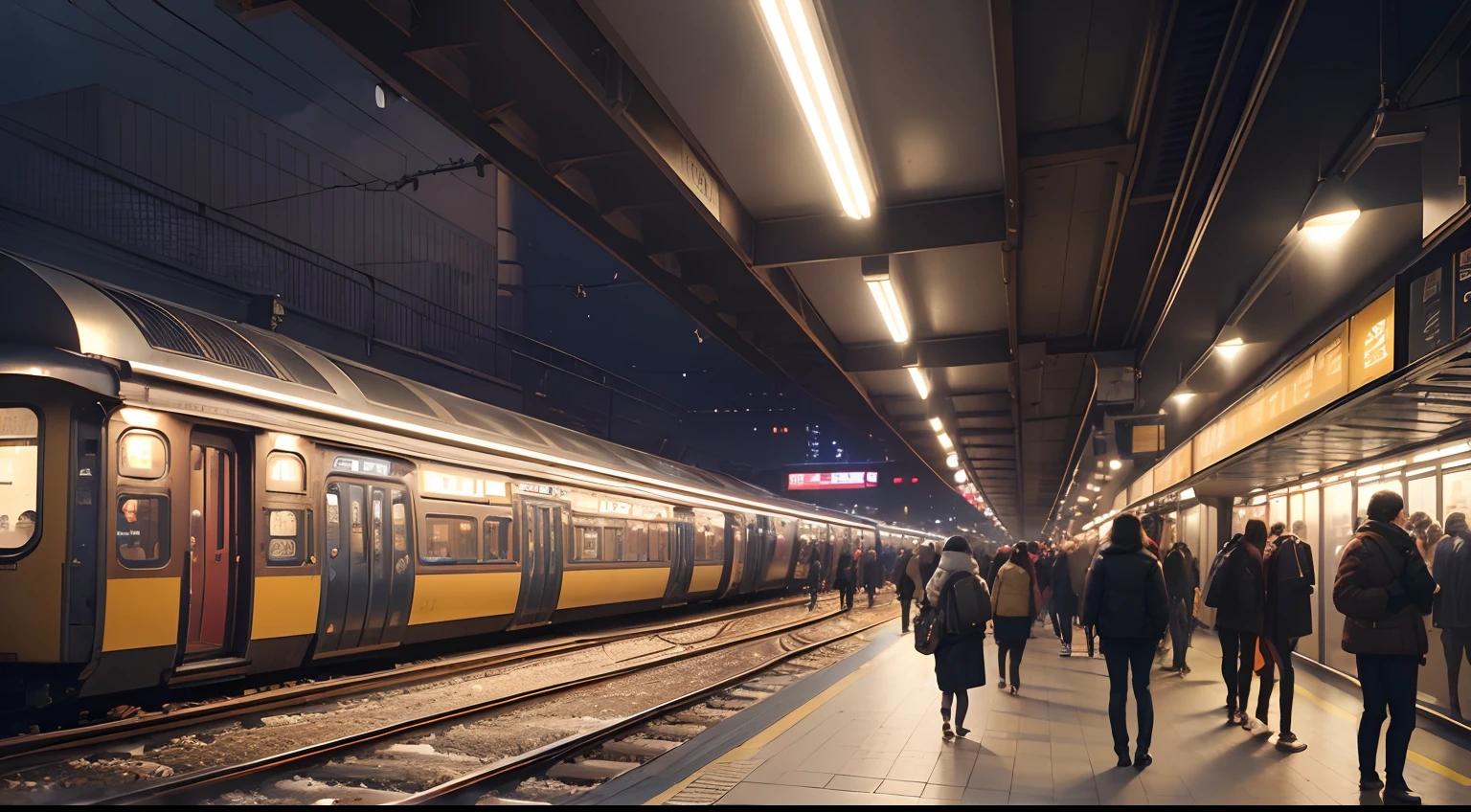 (Best Quality,hight resolution,Ultra-detailed,Realistic:1.2) Crowded station platform, eye-level perspective, The lively atmosphere,No trains, Way back, Night Station、Waiting for the train、lively crowd, Dynamic movement, Modern architecture, Urban living、Scenery of the station in Lassi on the way home in Japan