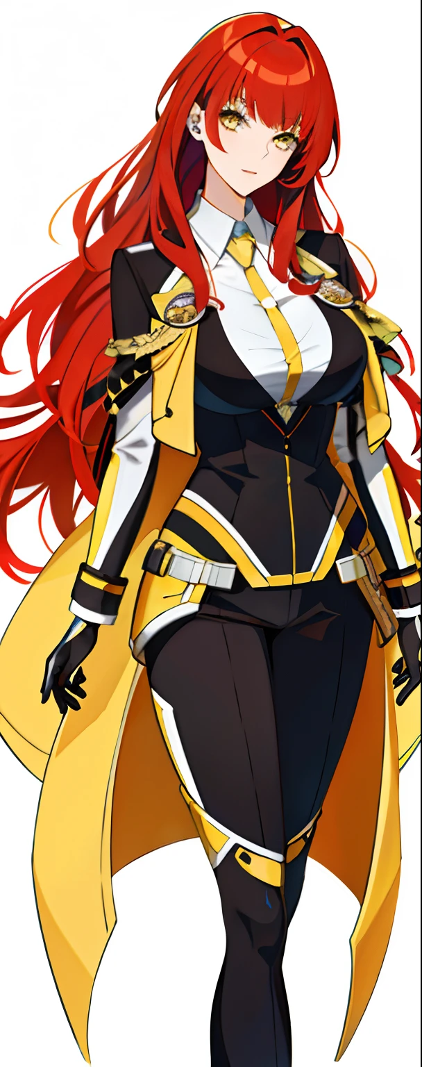 Beautiful tall lady with red hair and yellow eyes super realistic and well designed suit outfit