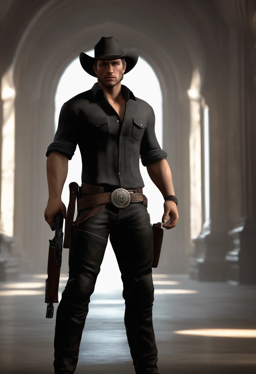 1boy, cowboy shot of re4leon,black shirt, holster, black pants, athletic, volumetric lighting, best quality, masterpiece, intricate details, tonemapping, sharp focus, hyper detailed, trending on Artstation, looking at viewer, realistic