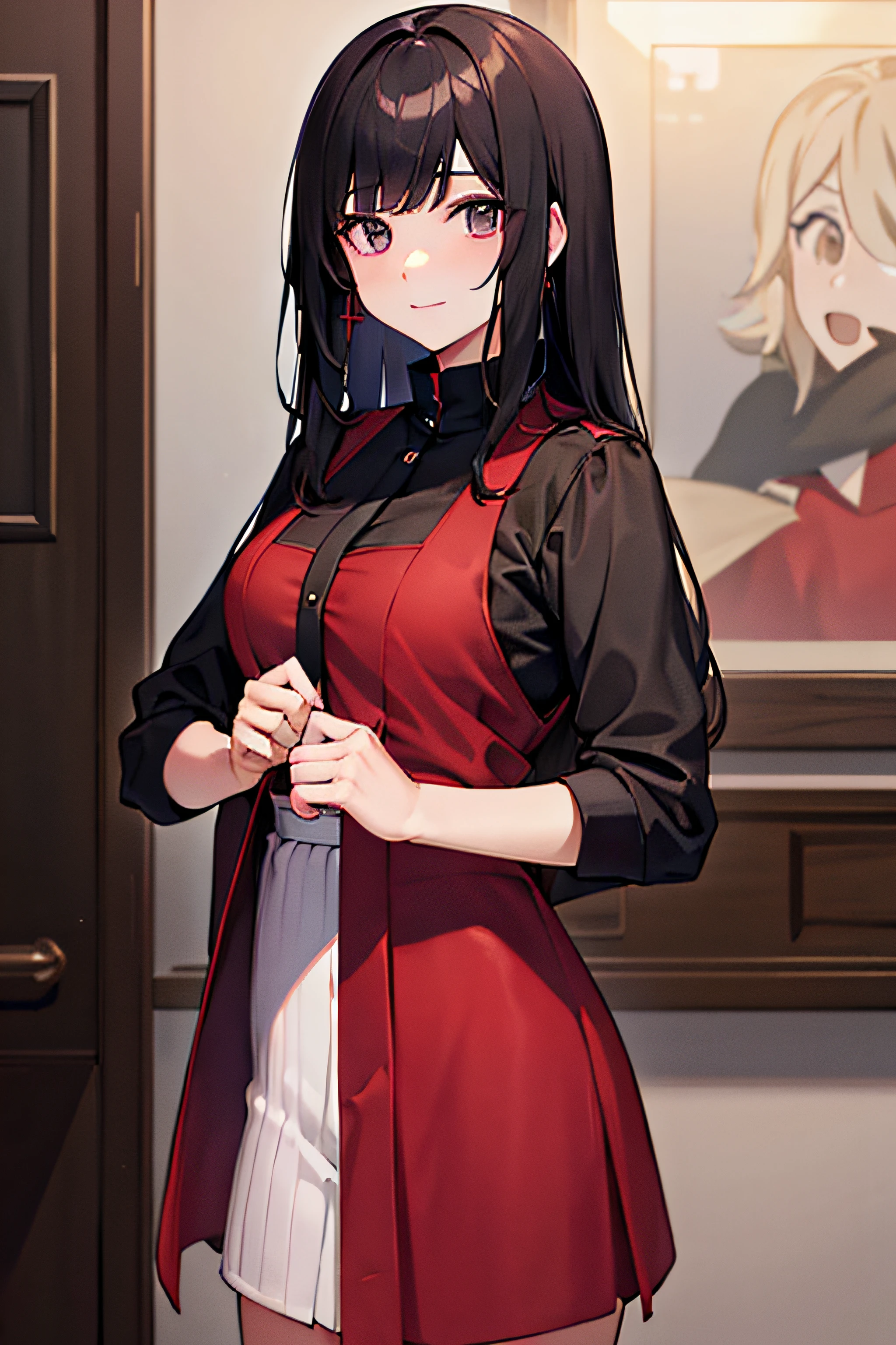 una chica, joven, hermoa, obra maestra, alta calidad, estilo anime, ojos morados, vestido negro, cabello blanco, elegante, vestido de gala, guantes