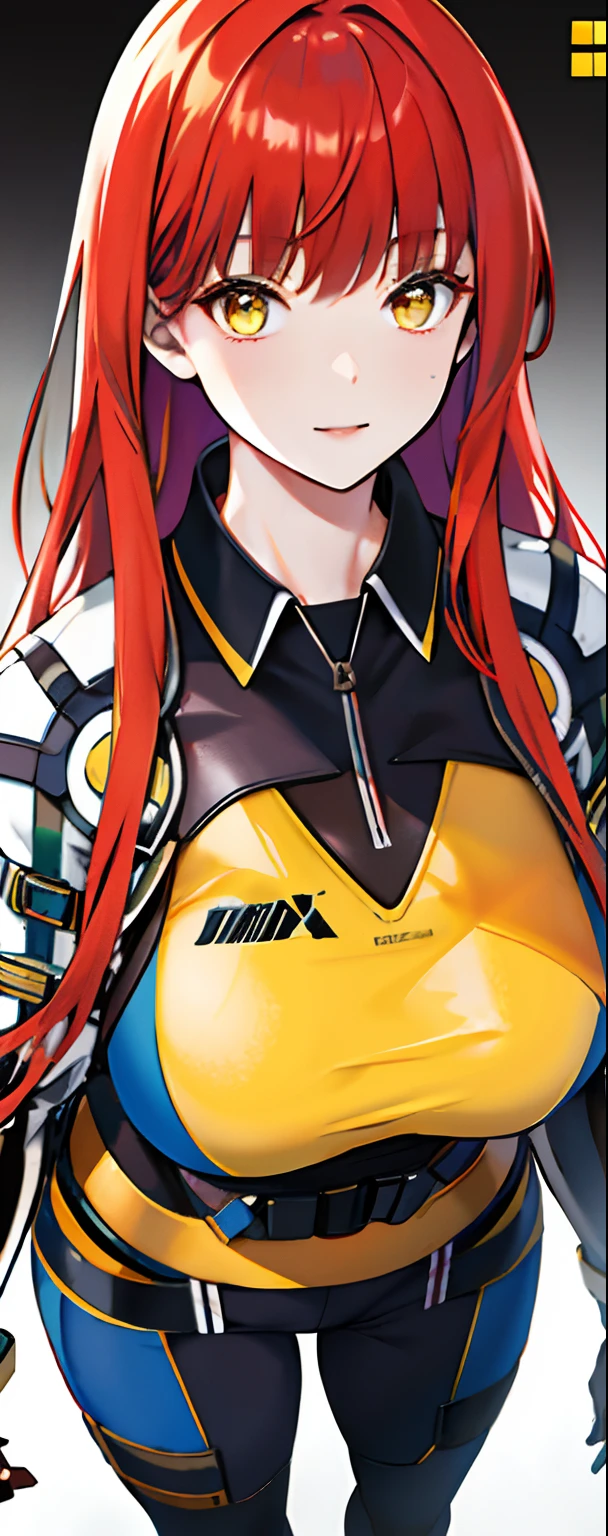 Beautiful tall lady with red hair and yellow eyes super realistic and well designed suit outfit