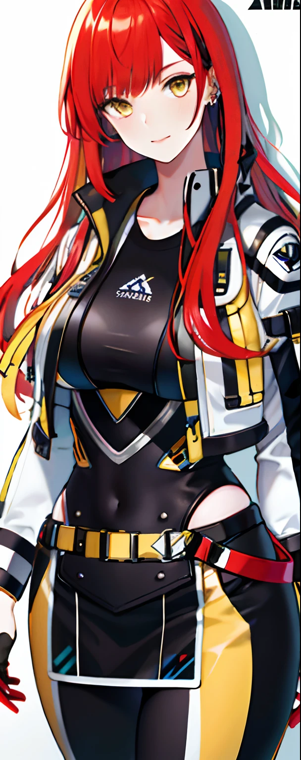 Beautiful tall lady with red hair and yellow eyes super realistic and well designed suit outfit