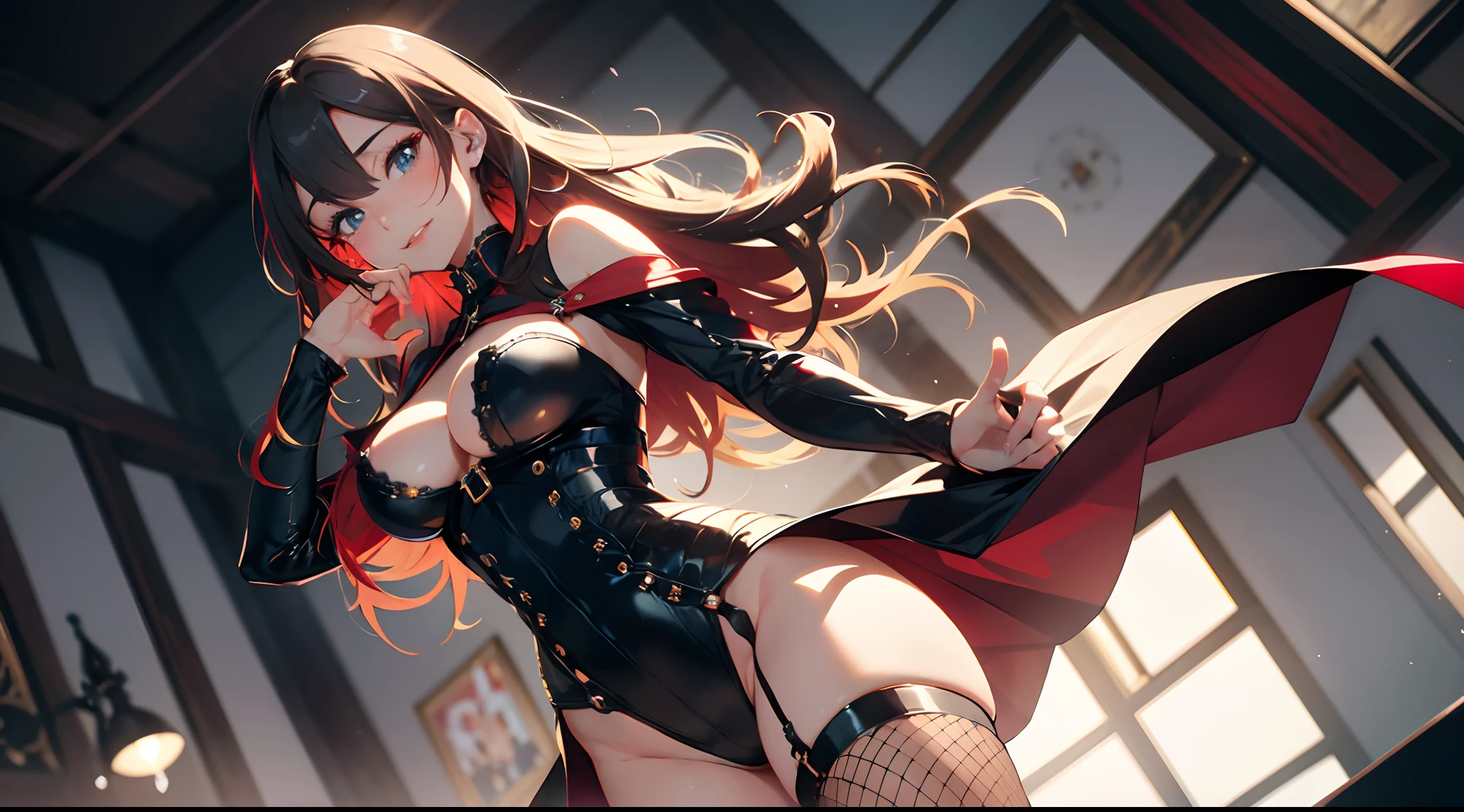 统一 8k 壁纸, a closeup,portrait of a full body,dynamicposes,Vibrant eyes,Particle filter with red and gold color scheme,de pele branca,photorealisim,nffsw, semi transparent((16k,Best Quality, masutepiece, Ultra high definition,top-quality,hight resolution,Ray tracing,PBR,Post-processing,ultra fine photos,sportrait,3D,),(( Dark red BDSM, Dark red bondage),Japan anime girls,Asuka Langure,Long straight red hair,Big breasts that emphasize cleavage:2.0,Thin leg,blue eyess,Elaborate limb representation,well-groomed little nose))((Limbs are2Honzutsu,Number of fingers5Accurately depicted in the book,Accurately capture your feet、Mirror your hands beautifully)Accurately and beautifully express your fingertips、Beautiful fingers of women5Books are also in order.))Express beautiful fingers,A beautiful woman with perfect body,Exquisitely expressed facial expressions,Beautiful fine skin))),(Complex fishnet stockings),pin heels,Leather luster :3.0,Beautiful skin,(corsets),((tthin eyebrows,long eyelashes,smil,二重まぶた,)),No title required,Do not wear anything on your shoulders,Create beautiful light effects on the background,Light Particle Filter,(finerly detailed face:1.4),(masterpiece:1.4),(top-quality:1.4), Beautiful fine skin,(Complex fishnet stockings),pin heels,Leather luster 3.0,Beautiful skin,(The leather corsets),((tthin eyebrows,long eyelashes,smil,二重まぶた,Glossy lips)),No title required,Do not wear anything on your shoulders,(((Woman standing,Representing a woman from below with a low angle shot,)))