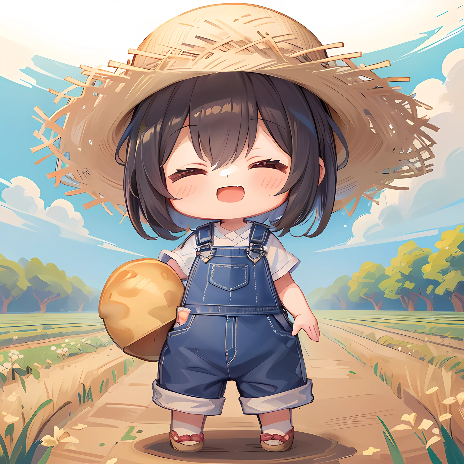 masterpiece, best quality, extremely detailed, a girl, solo, full body, happy, closed eyes, (overalls:1.2), (straw hat), (hold a big potato), (((deformed))), (((chibi character))), (potato field:1.3)