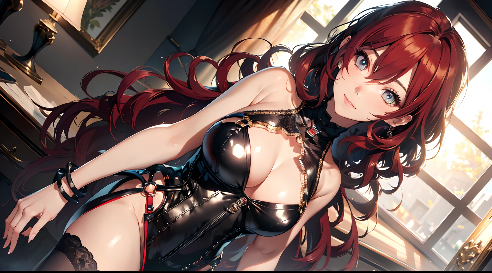 统一 8k 壁纸, a closeup,portrait of a full body,dynamicposes,Vibrant eyes,Particle filter with red and gold color scheme,de pele branca,photorealisim,nffsw, semi transparent((16k,Best Quality, masutepiece, Ultra high definition,top-quality,hight resolution,Ray tracing,PBR,Post-processing,ultra fine photos,sportrait,3D,),(( Dark red BDSM, Dark red bondage),Japan anime girls,Asuka Langure,Long straight red hair,Big breasts that emphasize cleavage:2.0,Thin leg,blue eyess,Elaborate limb representation,well-groomed little nose))((Limbs are2Honzutsu,Number of fingers5Accurately depicted in the book,Accurately capture your feet、Mirror your hands beautifully)Accurately and beautifully express your fingertips、Beautiful fingers of women5Books are also in order.))Express beautiful fingers,A beautiful woman with perfect body,Exquisitely expressed facial expressions,Beautiful fine skin))),(Complex fishnet stockings),pin heels,Leather luster :3.0,Beautiful skin,(corsets),((tthin eyebrows,long eyelashes,smil,二重まぶた,)),No title required,Do not wear anything on your shoulders,Create beautiful light effects on the background,Light Particle Filter,(finerly detailed face:1.4),(masterpiece:1.4),(top-quality:1.4), Beautiful fine skin,(Complex fishnet stockings),pin heels,Leather luster 3.0,Beautiful skin,(The leather corsets),((tthin eyebrows,long eyelashes,smil,二重まぶた,Glossy lips)),No title required,Do not wear anything on your shoulders,(((Woman standing,Representing a woman from below with a low angle shot,)))