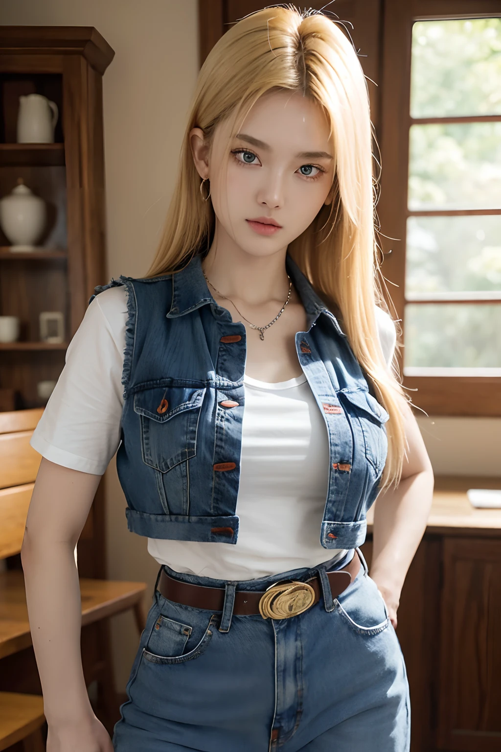 Slender Japan、a blond、verd s eyes、de pele branca、photos realistic、masutepiece, Best Quality,, absurderes, Beautiful Android 18、db, Solo, , denim, Belt bag, vests, Necklace, jeans, Rock, Volumetric lighting, Best Quality, masutepiece, Intricate details, tonemapping, Sharp Focus, Hyper Detailed, Trending in art stations, Damaged clothes, tits out, Slim body, Good anatomy, Buttocks and curves,、appearance々Pose、tshirts、dragon balls