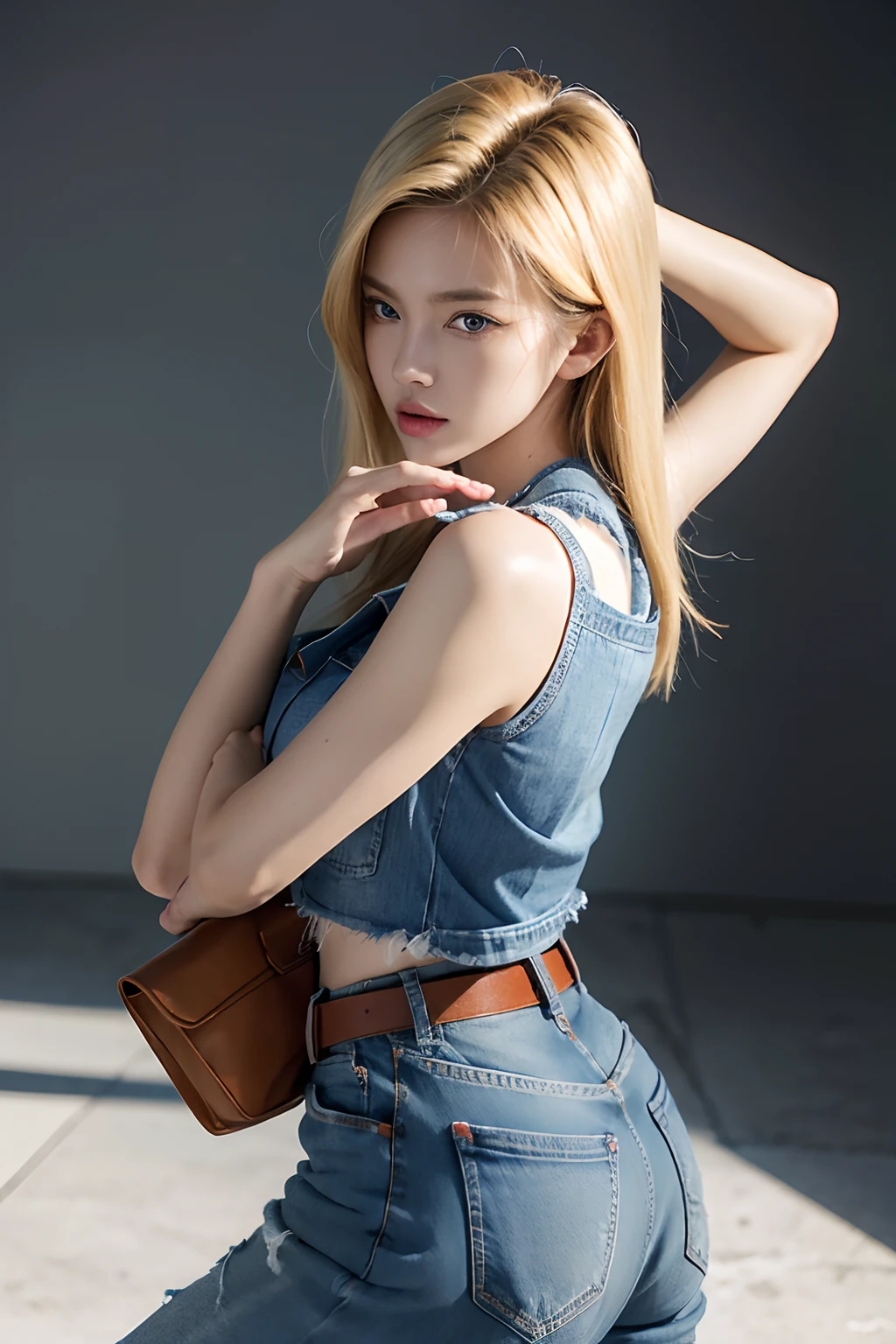 Slender Japan、a blond、verd s eyes、de pele branca、photos realistic、masutepiece, Best Quality,, absurderes, Beautiful Android 18、db, Solo, , denim, Belt bag, vests, Necklace, jeans, Rock, Volumetric lighting, Best Quality, masutepiece, Intricate details, tonemapping, Sharp Focus, Hyper Detailed, Trending in art stations, Damaged clothes, tits out, Slim body, Good anatomy, Buttocks and curves,、appearance々Pose、tshirts、dragon balls