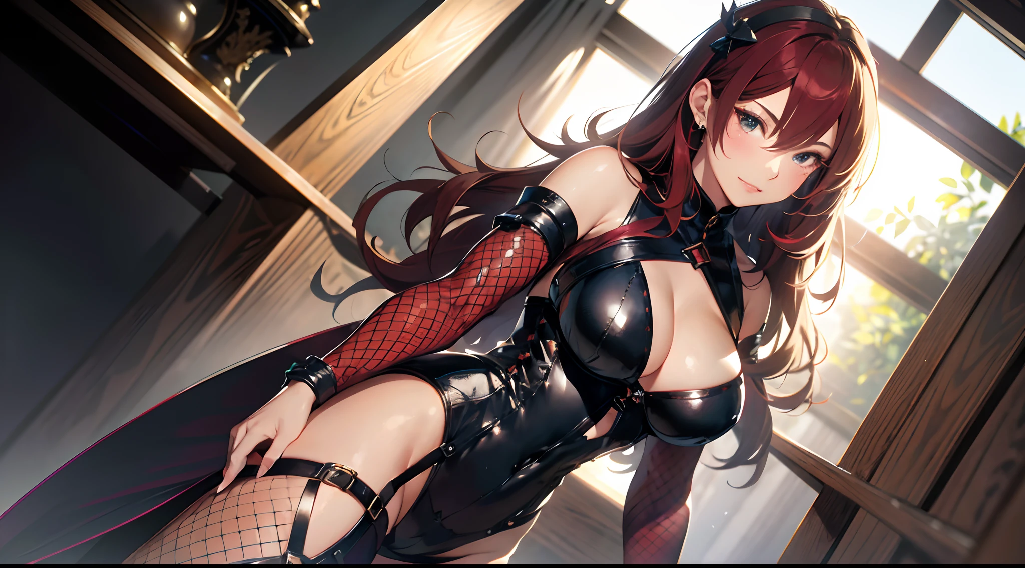 统一 8k 壁纸, a closeup，portrait of a full body，dynamicposes，Vibrant eyes，Particle filter with red and gold color scheme，de pele branca，photorealisim，nffsw, semi transparent((16ｋ,Best Quality, masutepiece, Ultra high definition,top-quality,hight resolution,Ray tracing,PBR,Post-processing,ultra fine photos,sportrait,3D,),(( Dark red BDSM, Dark red bondage),Japan anime girls,Asuka Langure,Long straight red hair,Big breasts that emphasize cleavage:2.0,Thin leg,blue eyess,Elaborate limb representation,well-groomed little nose))((Limbs are２Honzutsu,Number of fingers５Accurately depicted in the book,Accurately capture your feet、Mirror your hands beautifully)Accurately and beautifully express your fingertips、Beautiful fingers of women５Books are also in order.))Express beautiful fingers,A beautiful woman with perfect body,Exquisitely expressed facial expressions,Beautiful fine skin))),(Complex fishnet stockings),pin heels,Leather luster :3.0,Beautiful skin,(corsets),((tthin eyebrows,long eyelashes,smil,二重まぶた,)),No title required,Do not wear anything on your shoulders,Create beautiful light effects on the background,Light Particle Filter,(finerly detailed face:1.4),(​masterpiece:1.4),(top-quality:1.4), Beautiful fine skin,(Complex fishnet stockings),pin heels,Leather luster 3.0,Beautiful skin,(The leather corsets),((tthin eyebrows,long eyelashes,smil,二重まぶた,Glossy lips)),No title required,Do not wear anything on your shoulders,(((Woman standing,Representing a woman from below with a low angle shot,)))