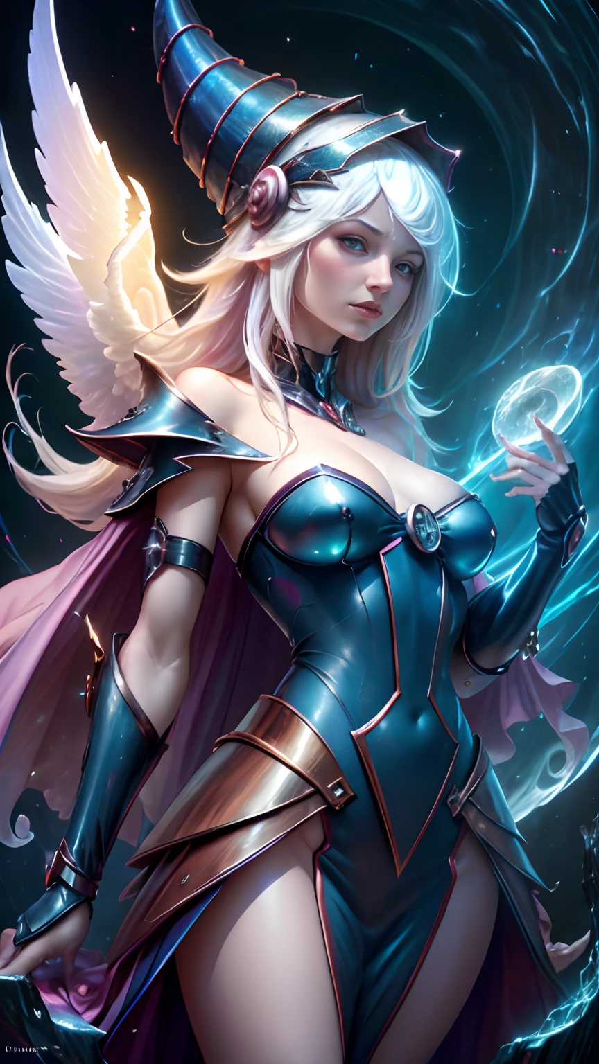 Kinematic,The photorealistic dark wizard gils as an albino angel,colores vibrantes,fantasy,warm hue,surrealista,Photorealistic masterpiece with 8k resolution by Aaron Horkey and Jeremy Mann,Professional Photography,Volumetric Lighting Maximalist Photoillustration by Marton Bobzert,Intricately detailed 8K resolution concept art,complejo,elegante,expansivo,fantastical,Mythical Clouds