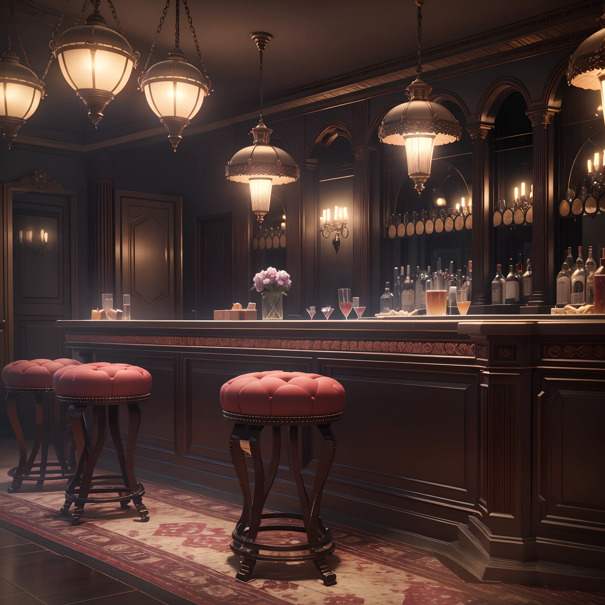 realistic scenery 3d render, cabaret scene without people, lighting from lamps, lamps, bar with fancy drinks, drinks, low light highlighting the light from the lamps --auto --s2