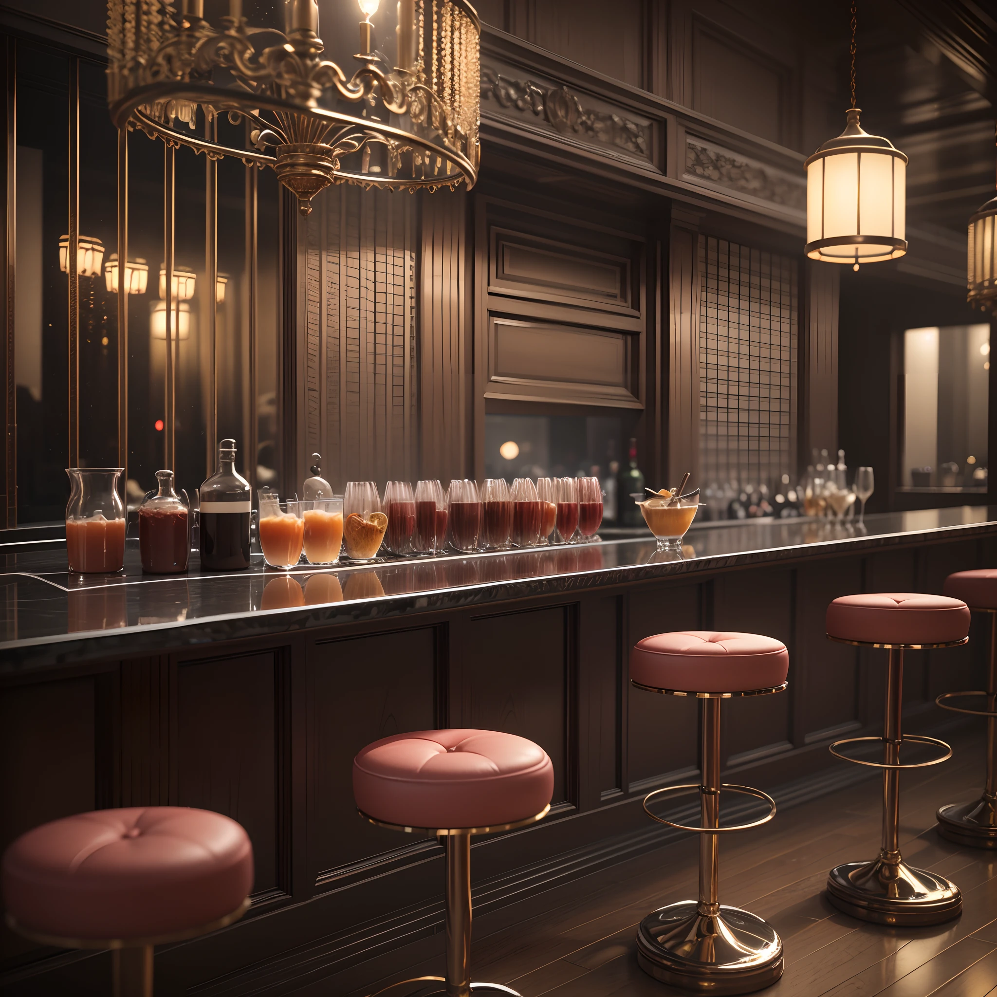 realistic scenery 3d render, cabaret scene without people, lighting from lamps, lamps, bar with fancy drinks, drinks, low light highlighting the light from the lamps --auto --s2