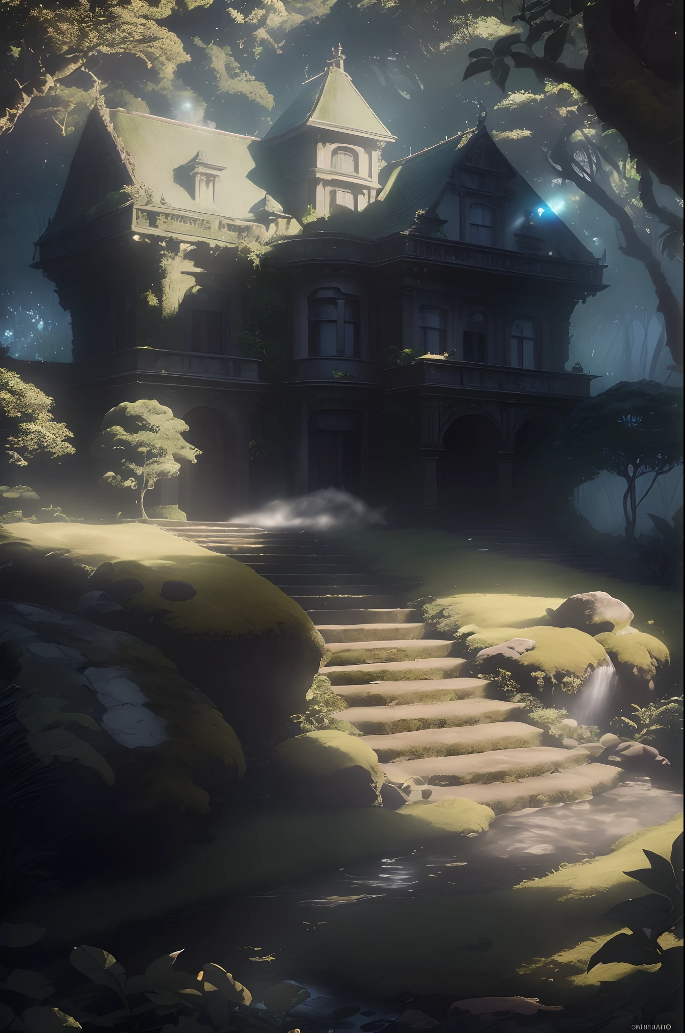 obra-prima, melhor qualidade, (muito detalhado CG unificado papel de parede 8k), (melhor qualidade), (best illustration), (melhor sombra), elfo brilhante com um cervo brilhante, Drinking water in the pool, elementos naturais no tema floresta. floresta misteriosa, bela floresta, Natureza, big mansion, Giant Mansion, Gothic style, Dark and greenish mansion, Mansion in the middle of the forest, cercada de flores, folhas delicadas e galhos cercados por vagalumes (elementos naturais), (Jungle Theme with Mansion), (folhas), (galhos), (vagalumes), (particle effects) e outros 3D, octan render, ray tracing, super detalhado, Besta --v6
