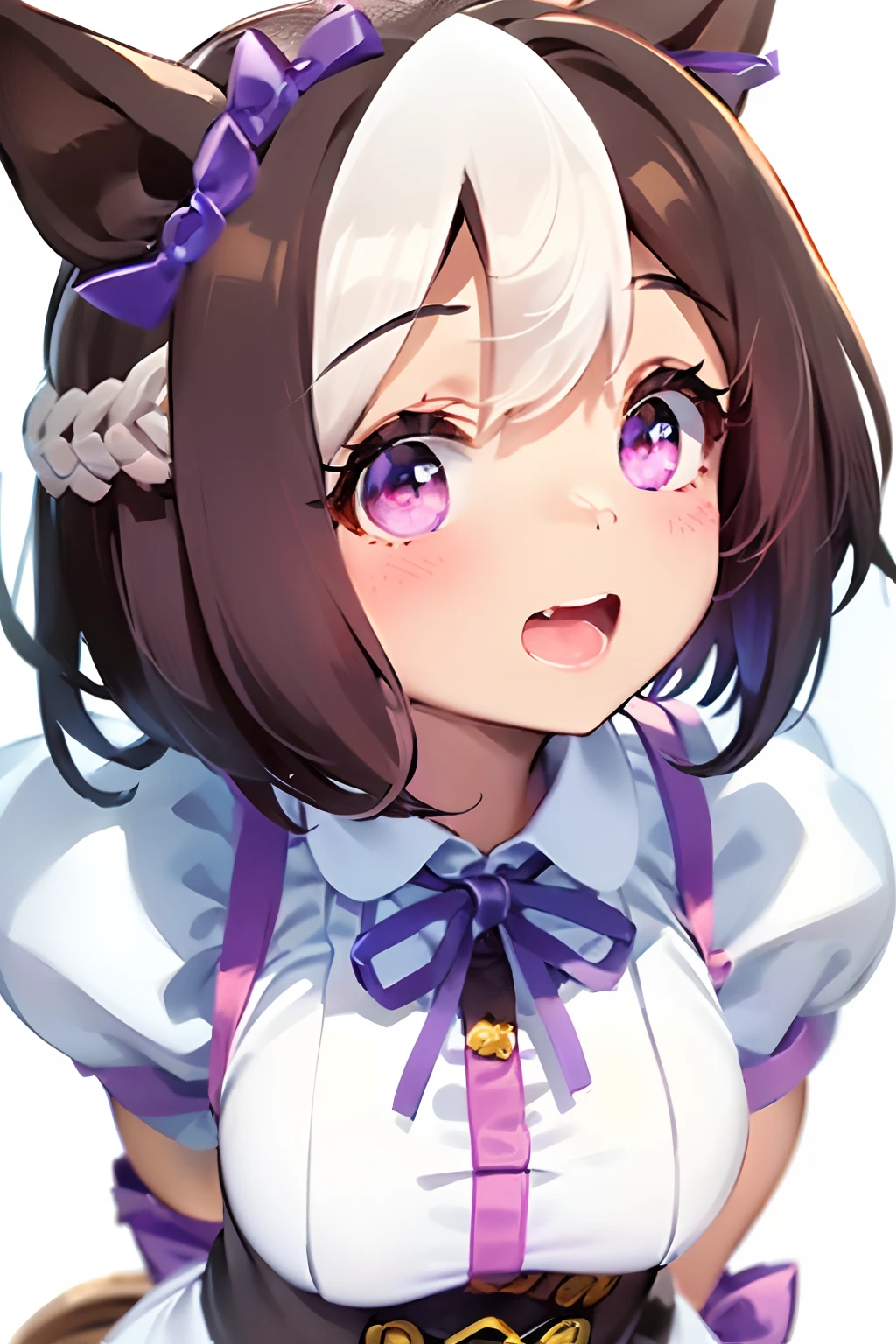 special_week_\(Umamusume)、bow ribbon、bow ribbon、bow ribbon、corsets、Fluffy breasts、high-school uniform、The upper part of the body、(Refers to the viewer:1.3)、Happiness、(White background:1.5)、(front-facing view:1.3)