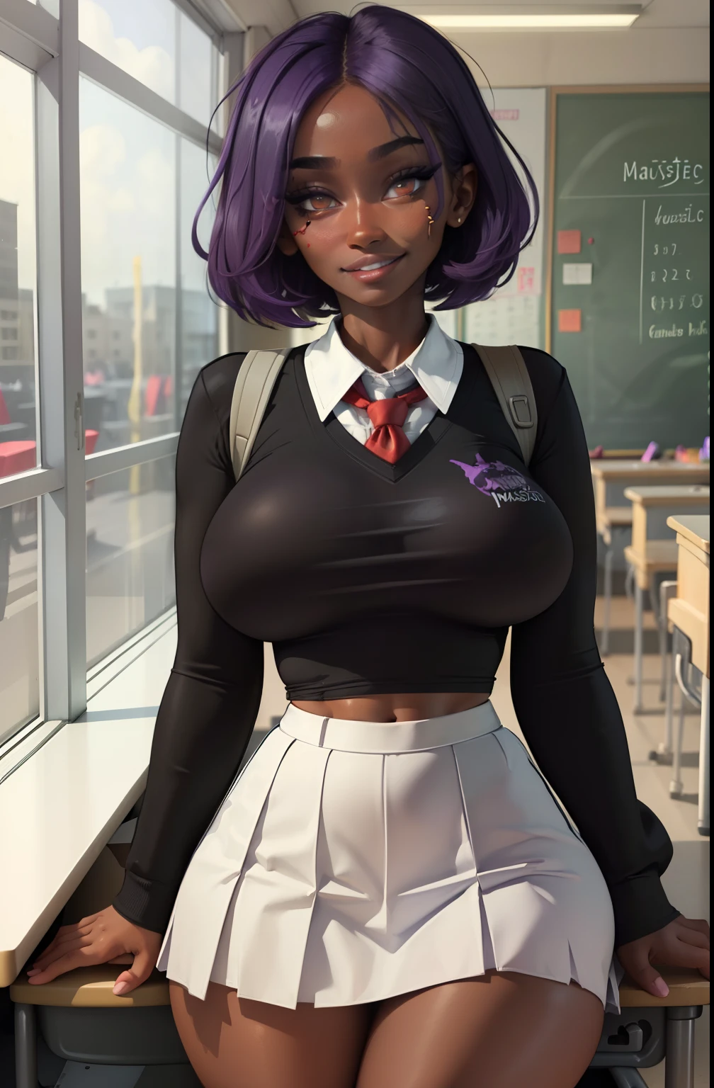 ((masterpiece)),(best quality),(detailed), 1girl, short hair, purple hair, messy hair, red eyes, grin, (dark skin:1.3), white school shirt, school skirt, portrait, classroom, huge breasts