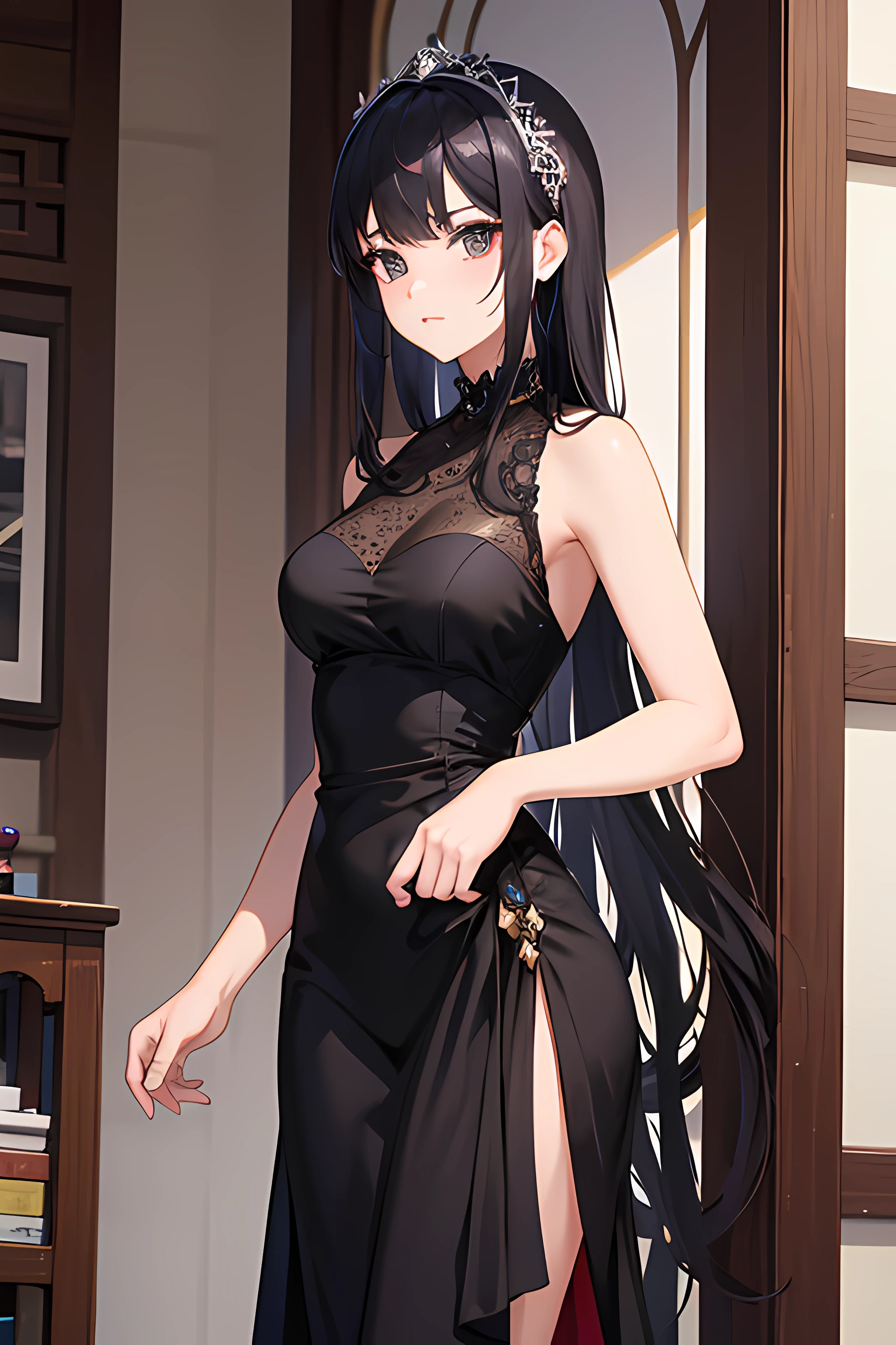 Best quality,masterpiece, A tall slender brunette with purple eyes in an evening dress is crying in the ballroom