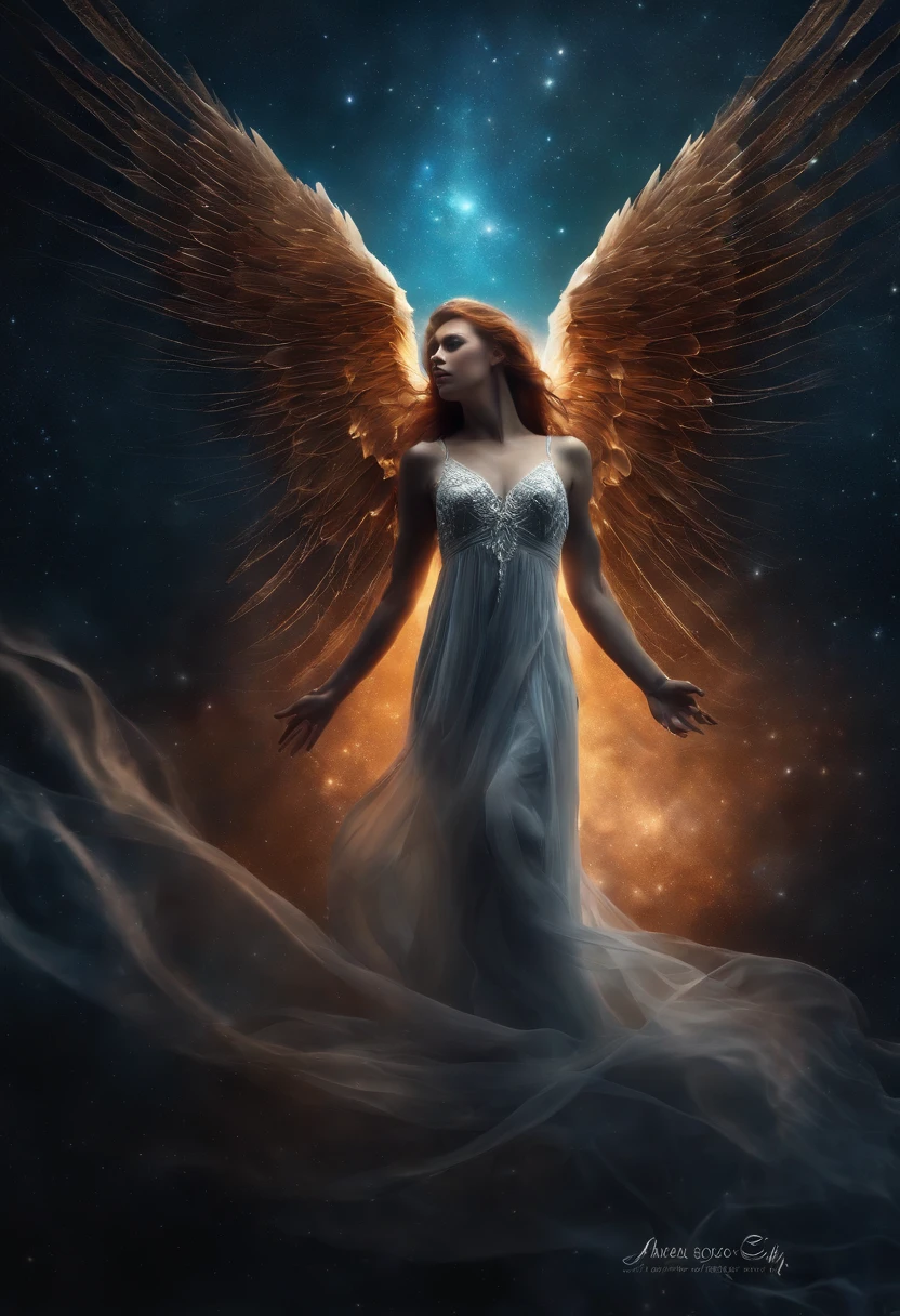 (a cosmic fallen angel:1.1, eerie:0.9, creepy:0.9, nightmarish, very bright colors, light particles, with light glowing, Mshiv, wallpaper art:1.1, UHD wallpaper, bioluminescent, surrealistic, dark background, detailed wings, glowing mystical symbols, ethereal glow, hauntingly beautiful, heavenly aura, delicate body, fiery red hair, delicate ethereal dress, floating in midair, surrounded by stars and galaxies, otherworldly landscape, cosmic energy radiating from the angel, mysterious and captivating, glowing eyes illuminating the darkness, intricate biomechanical details, celestial being, supernatural presence, captivating facial features, celestial light casting shadows)