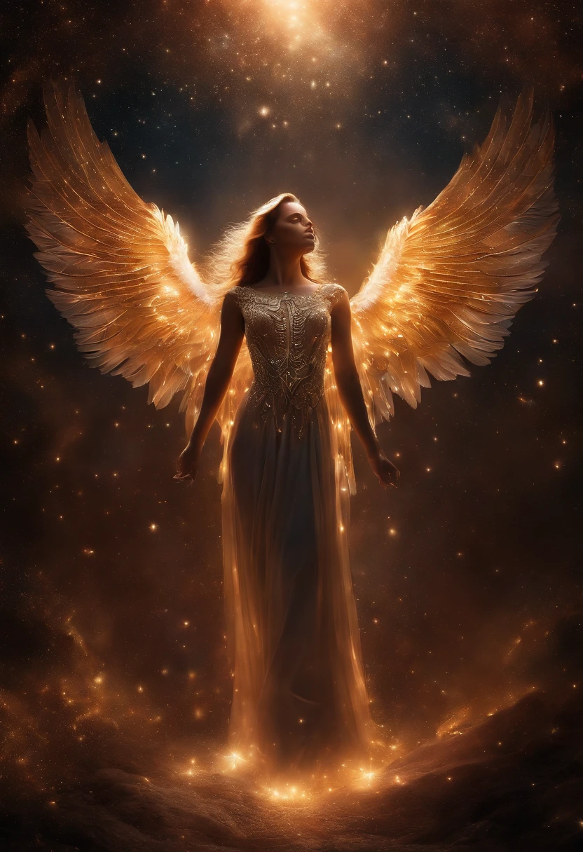cosmic fallen angel, olhos claros brilhantes, Biomechanicals, estranho, assustador, Pesadelo, cores muito brilhantes, light particles, com luz brilhante, Mshiff, Arte do papel de parede, Papel de parede UHD, ruiva, encaracolada, jovem