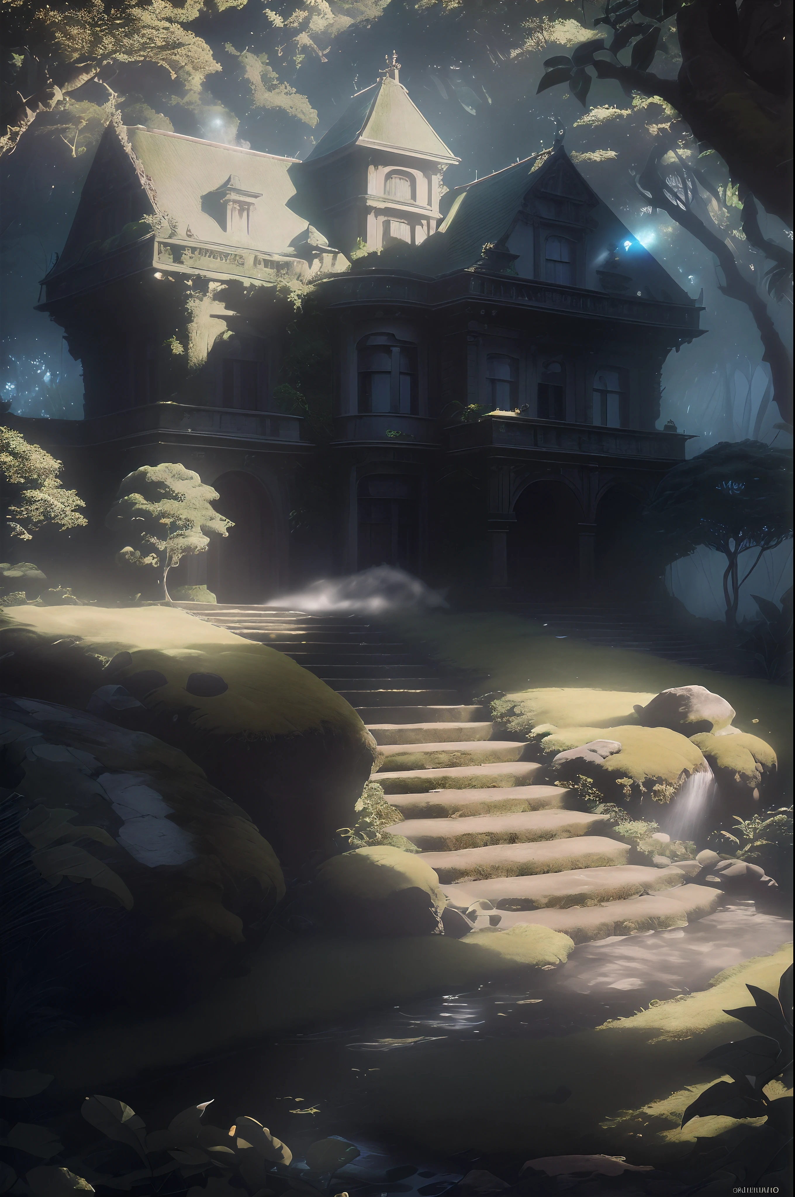 obra-prima, melhor qualidade, (muito detalhado CG unificado papel de parede 8k), (melhor qualidade), (best illustration), (melhor sombra), elfo brilhante com um cervo brilhante, Drinking water in the pool, elementos naturais no tema floresta. floresta misteriosa, bela floresta, Natureza, big mansion, Giant Mansion, Gothic style, Dark and greenish mansion, Mansion in the middle of the forest, cercada de flores, folhas delicadas e galhos cercados por vagalumes (elementos naturais), (Jungle Theme with Mansion), (folhas), (galhos), (vagalumes), (particle effects) e outros 3D, octan render, ray tracing, super detalhado, Besta --v6