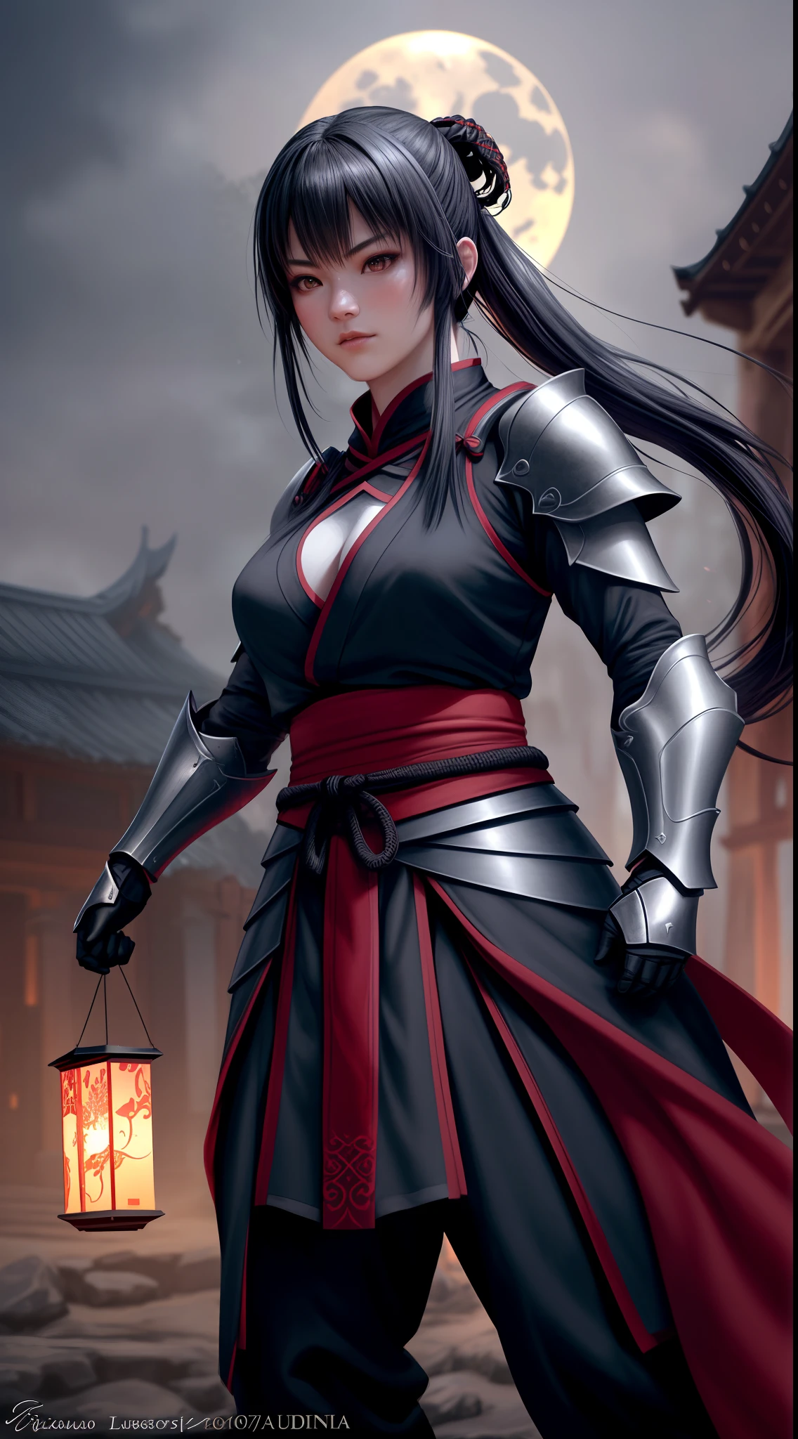 An imposing and serious Asian ninja girl with long legs and ancient ninja armor, wearing iron armor with red particles swirling in the air, Standing on a night plateau in a gothic dark rural natural setting. 

(best quality, 4k, 8k, alto, master part:1.2), ultra-detalhado, (Realistic, fotorrealista, photo-realistic:1.37), HDR, UHD, studio lighting, Tonalidade ultrafina, foco nítido, Physically-based rendering, extreme detail description, profissional, vivid colors, Bokeh.

Artistic style: retrato, realista.

Paleta de cores: Azuis e roxos profundos com toques de vermelho e preto, lo gothic.

The lighting: ofuscar, With the moonlight casting an ethereal glow over the ninja girl and her surroundings.