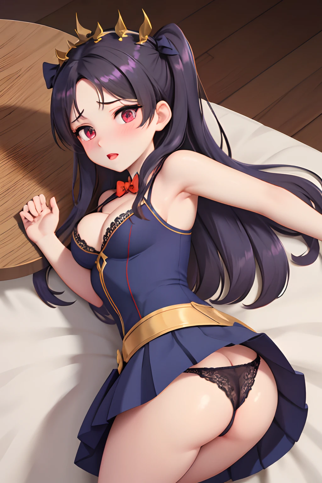 Fate go, Abigail Williams, Ishtar, Ishtar clothes, white lace bra, mini skirt, ultra detail, sexy body, cleavage, panties, cameltoe, small breast, round bottom, seductive expression, sexual expression, laying over table, upskirt, from behind