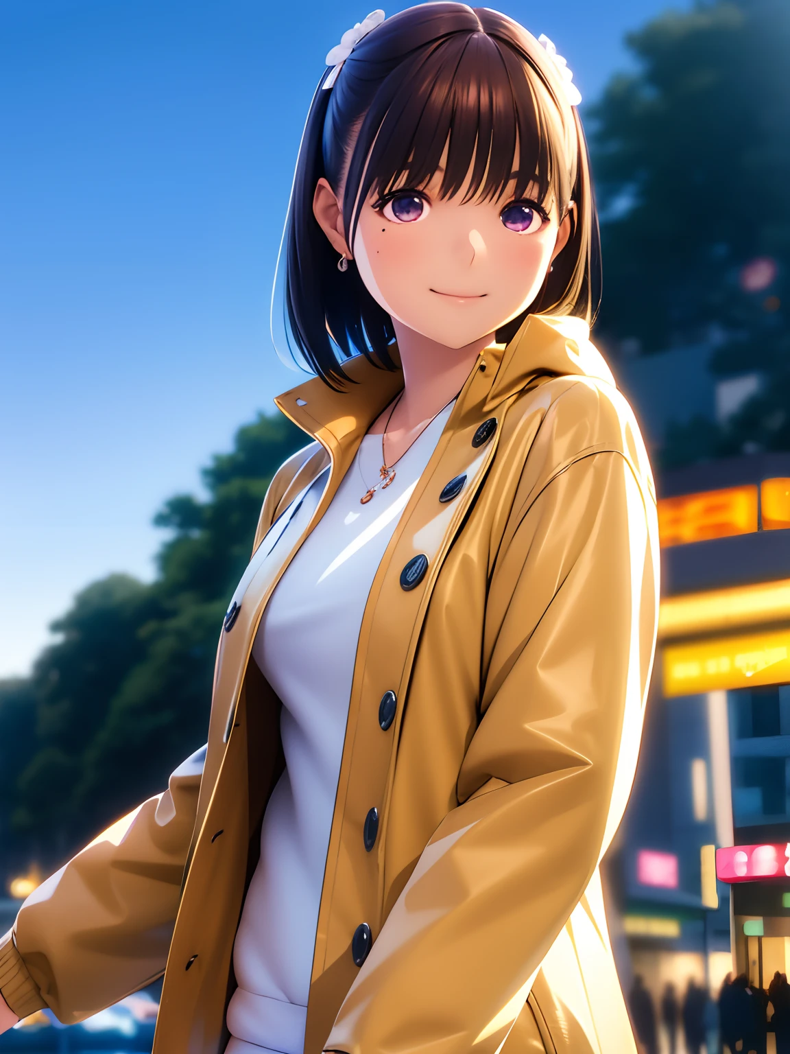 hight resolution,8K,Best Quality,detaileds,semi - realistic anime,Anime 3D Style,Smooth Anime CG,1 girl in,20 year old woman in Japan,slim,modeled,shiny chestnut hair,Medium Hair,Detailed face,Beautiful and detailed eyes,Glowing skin,(parka,layered clothes),earring beautiful,a necklace,autumnal,tag, with light glowing, plein air, (a street:0.8), (a person, Large crowds:1),Beautiful details sky, (dynamicposes:0.8),Hard Focus、film grains,Soft lighting,the wind,looking at the viewers,A smile,Angle from the side